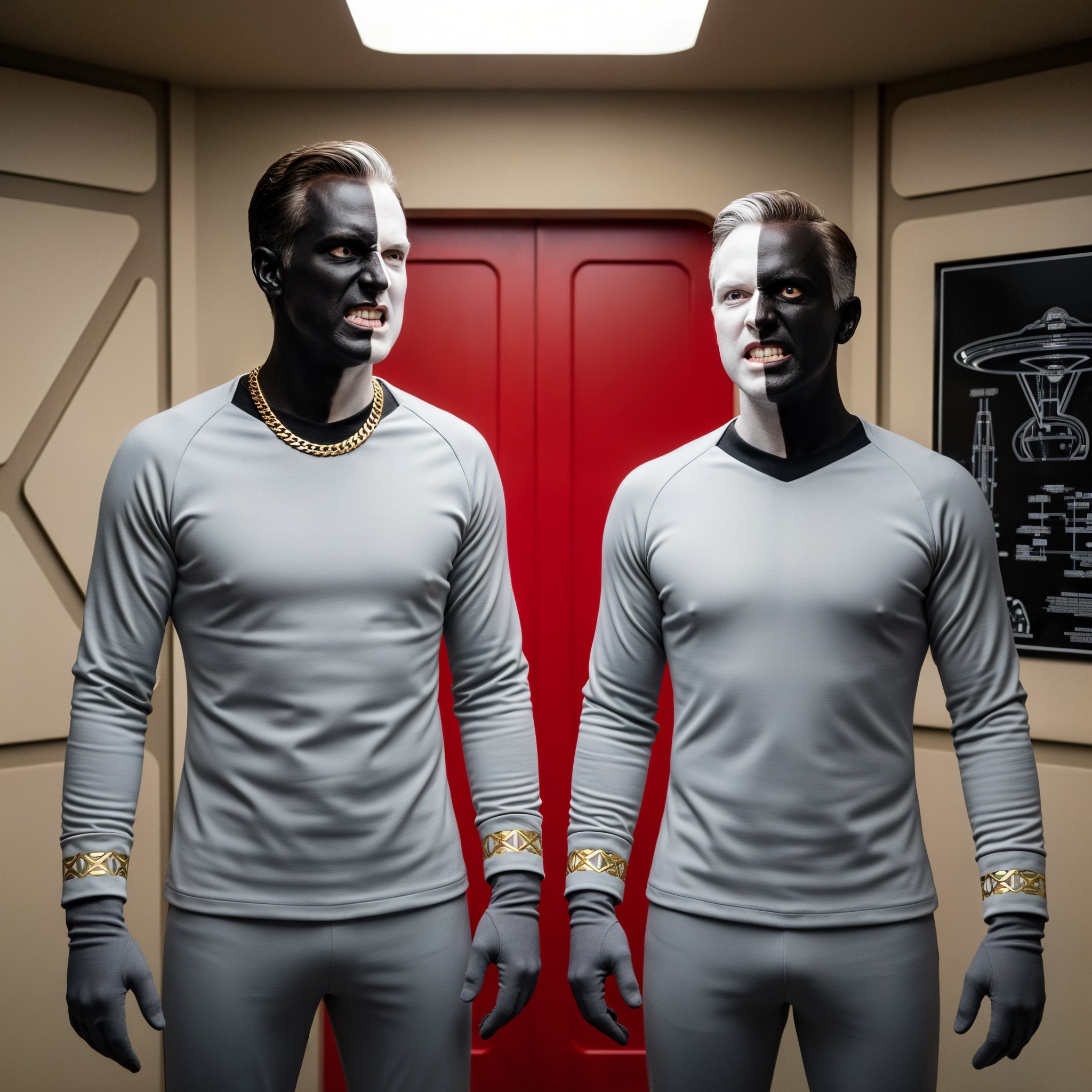 Identical Figures in Futuristic Metallic Environment