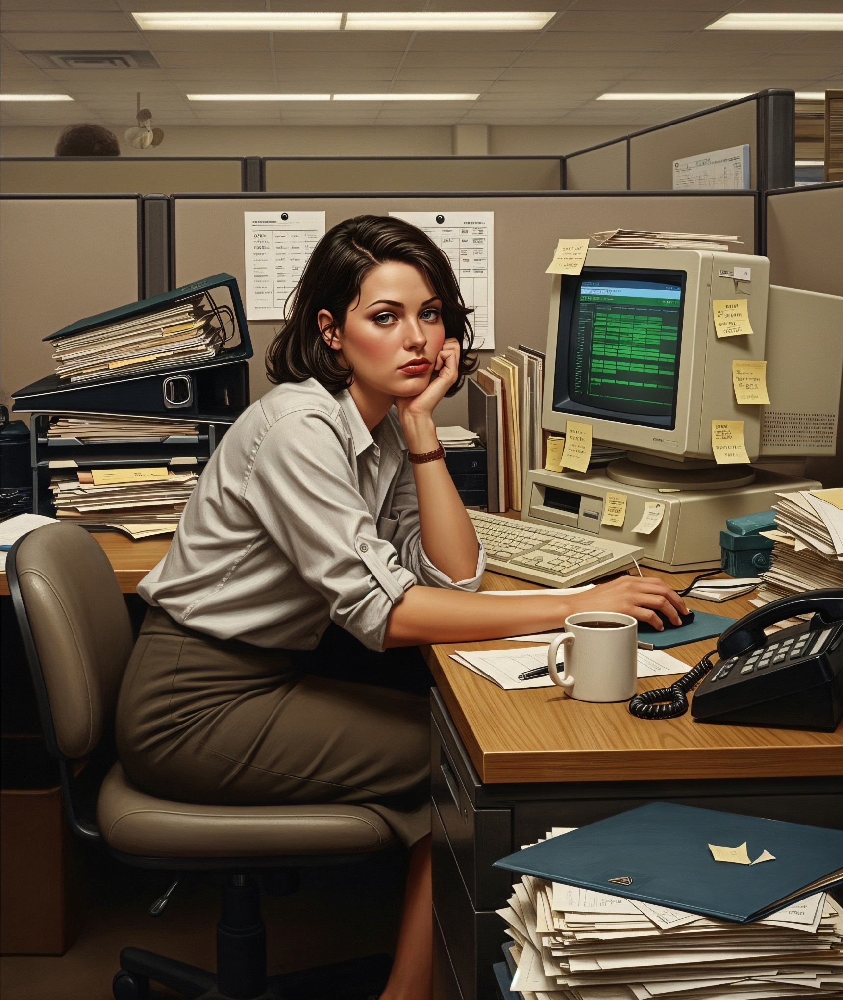 Cluttered Office Scene with Focused Woman at Desk
