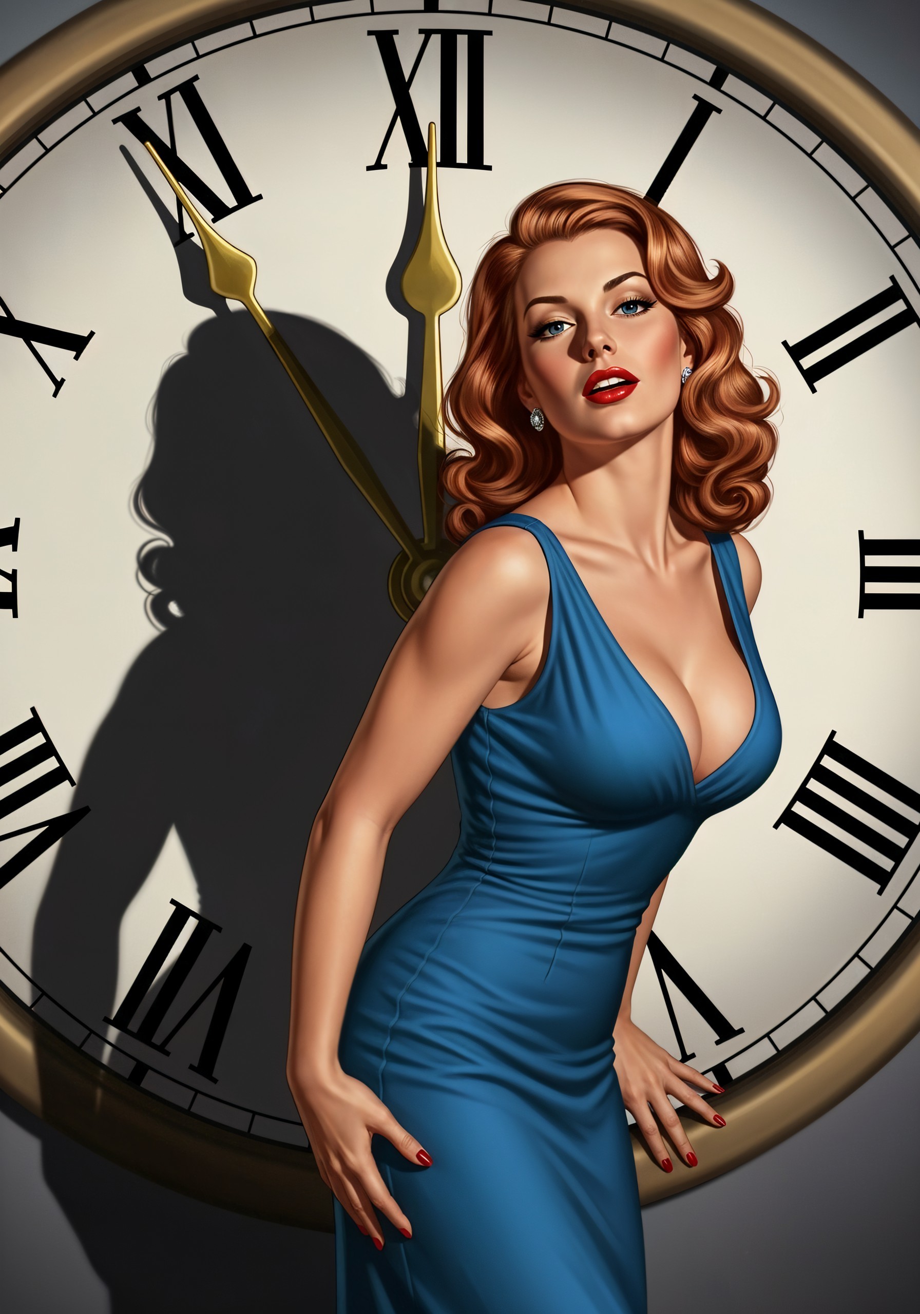 Glamorous Woman in Blue Dress by Vintage Clock