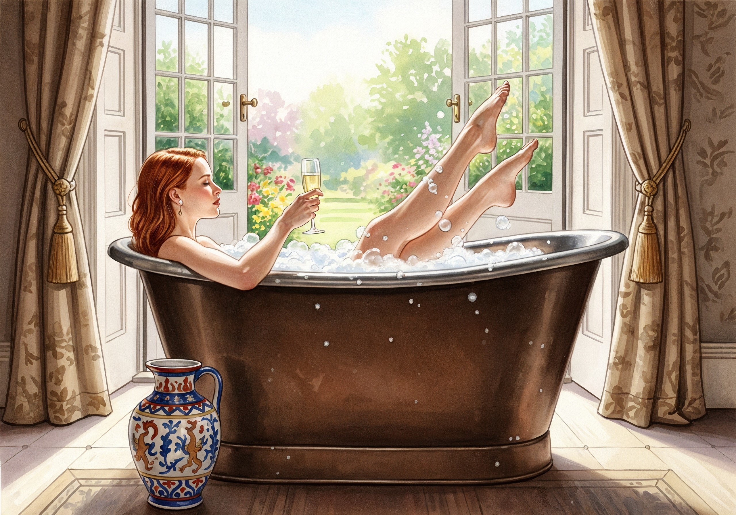 Luxurious Bathtub Scene with Bubbles and Champagne