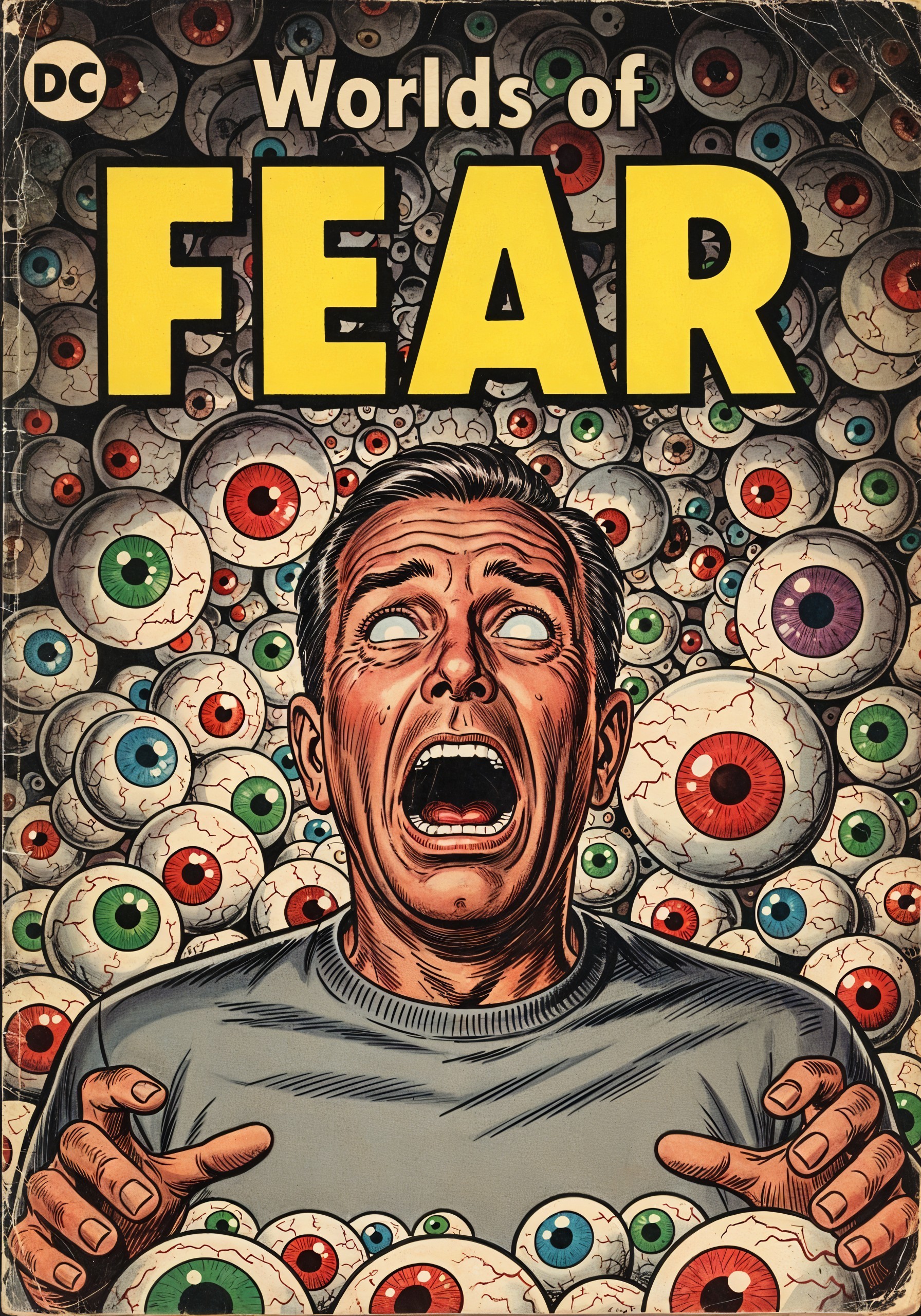 Man Surrounded by Colorful Eyeballs in Horror Scene