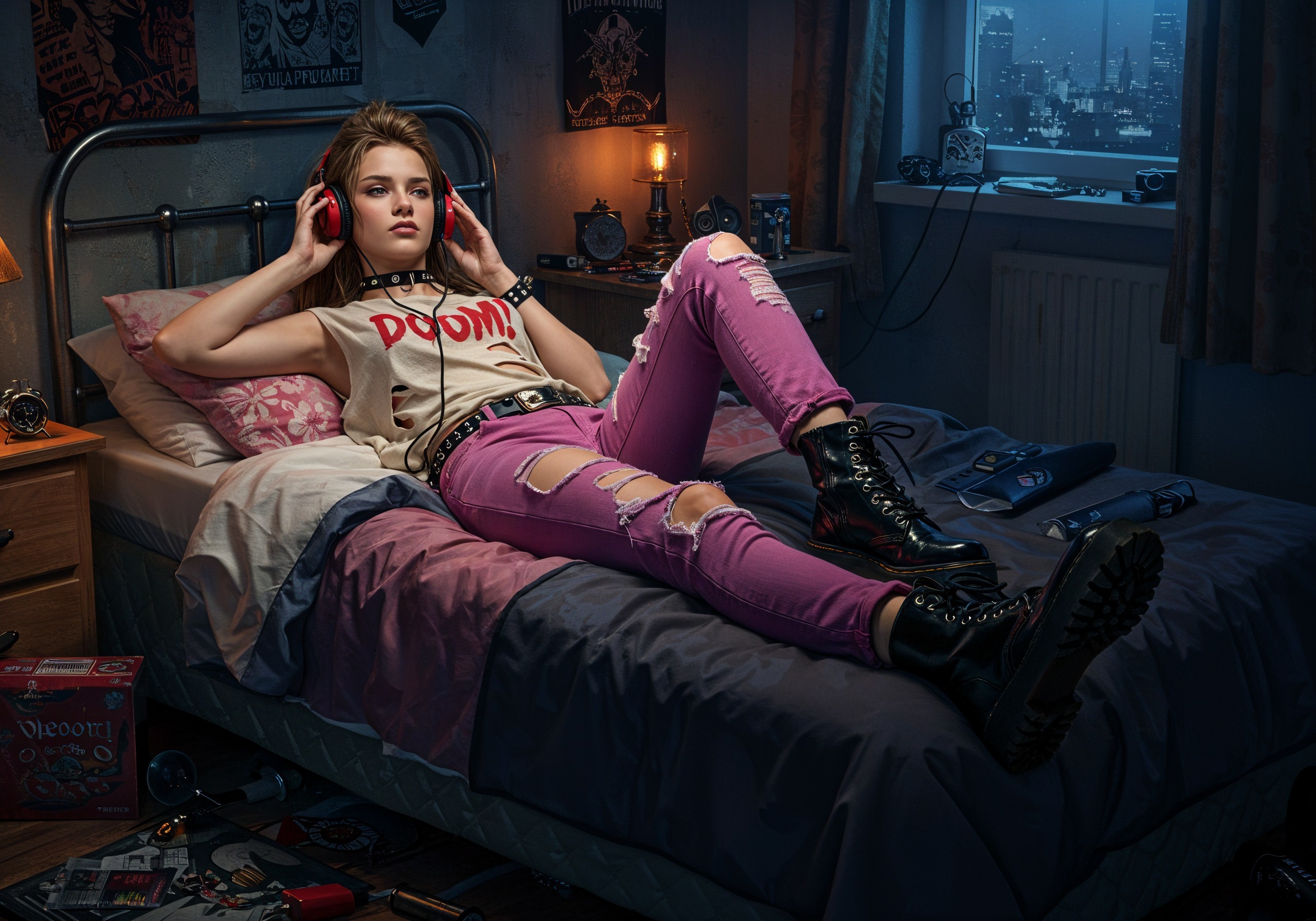 Young Woman in Vintage Shirt Relaxing in Dim Room