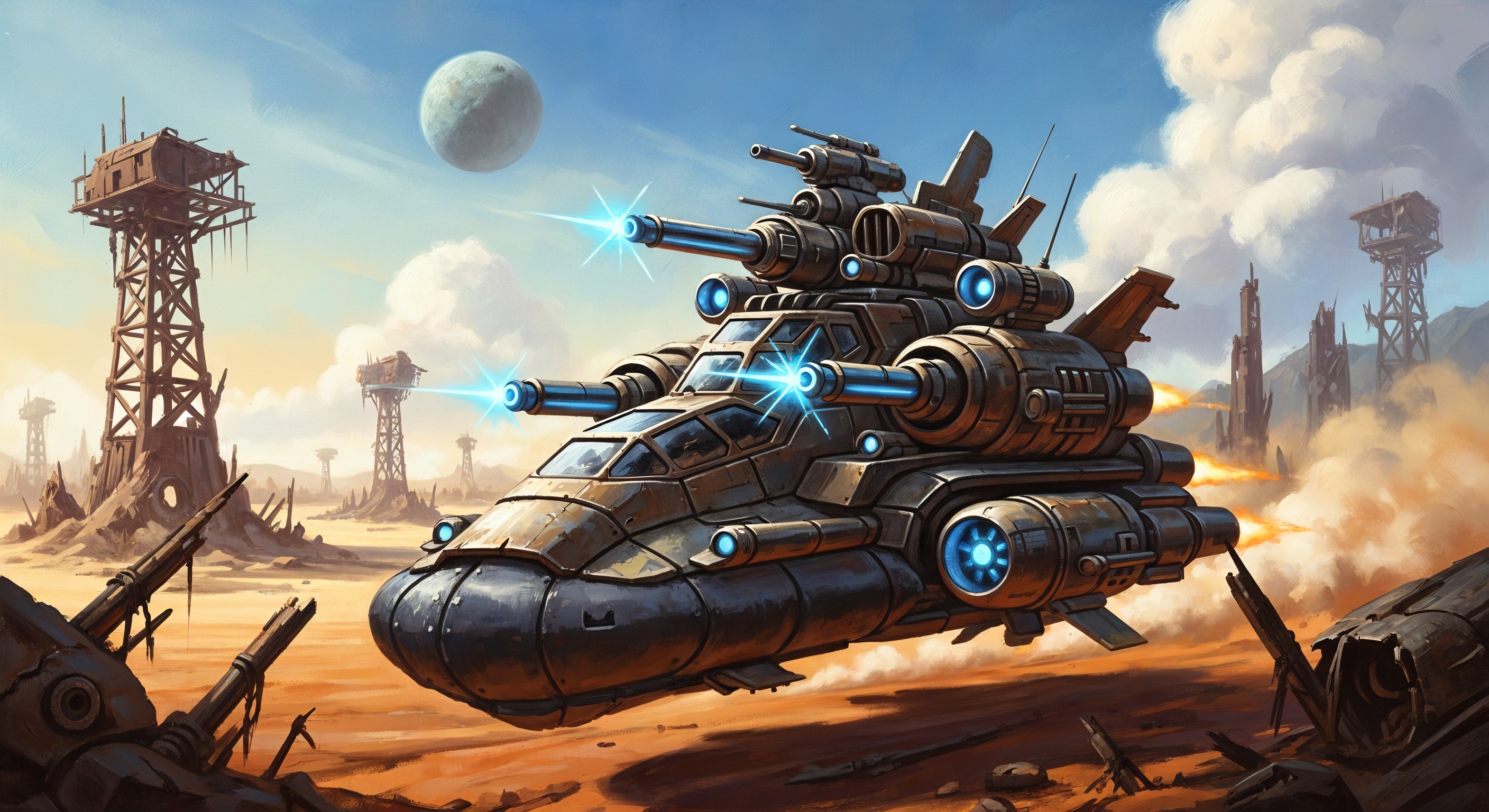 Futuristic spaceship in desolate landscape with ruins