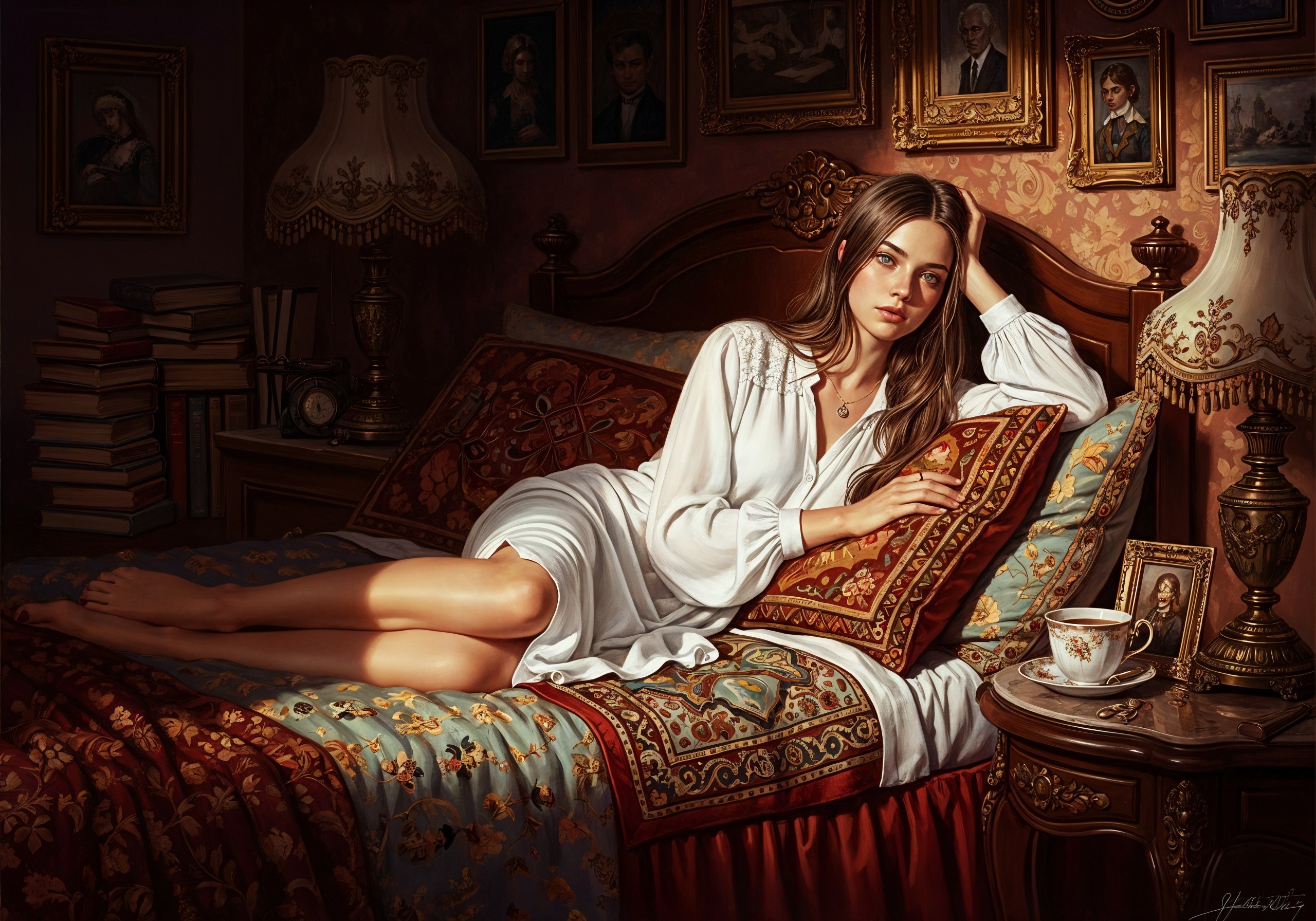 Young Woman in White Nightgown in Vintage Room