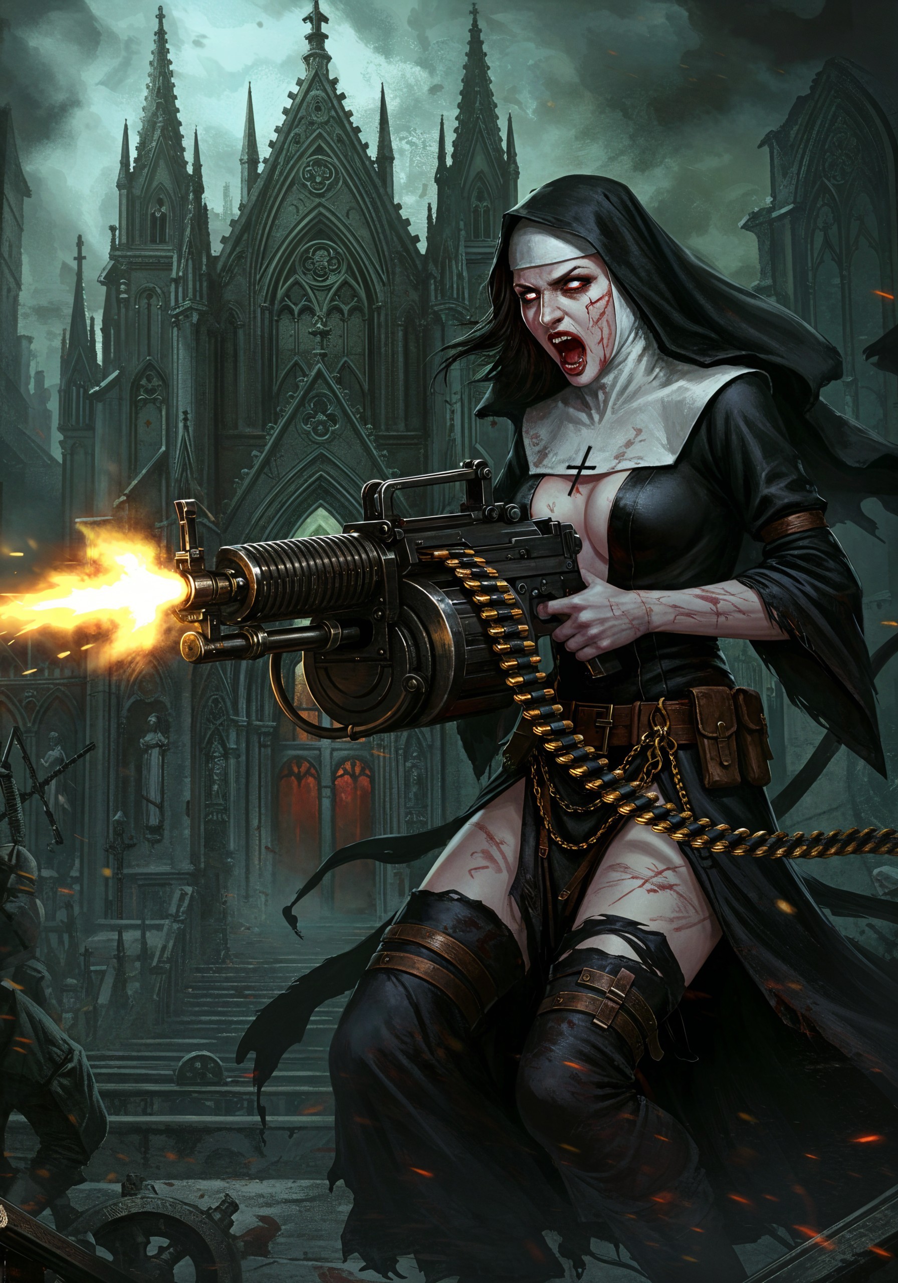 Battle-Ready Nun in Gothic Cathedral Setting