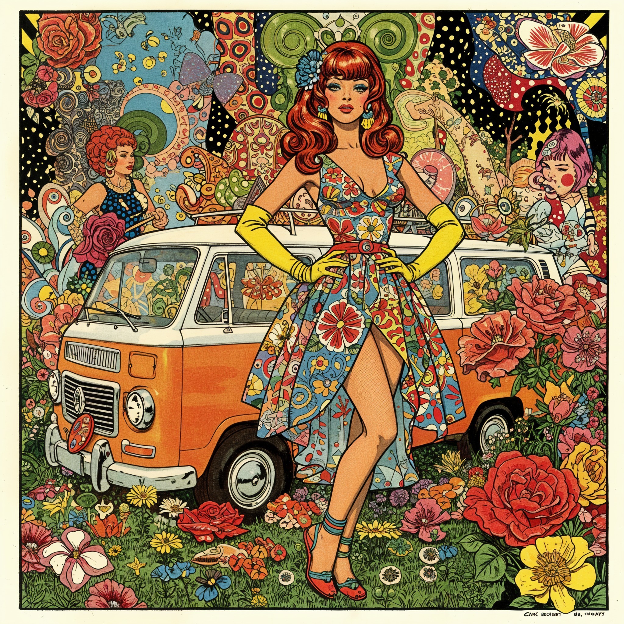 Vibrant Retro Scene with Stylish Women and Vintage Van