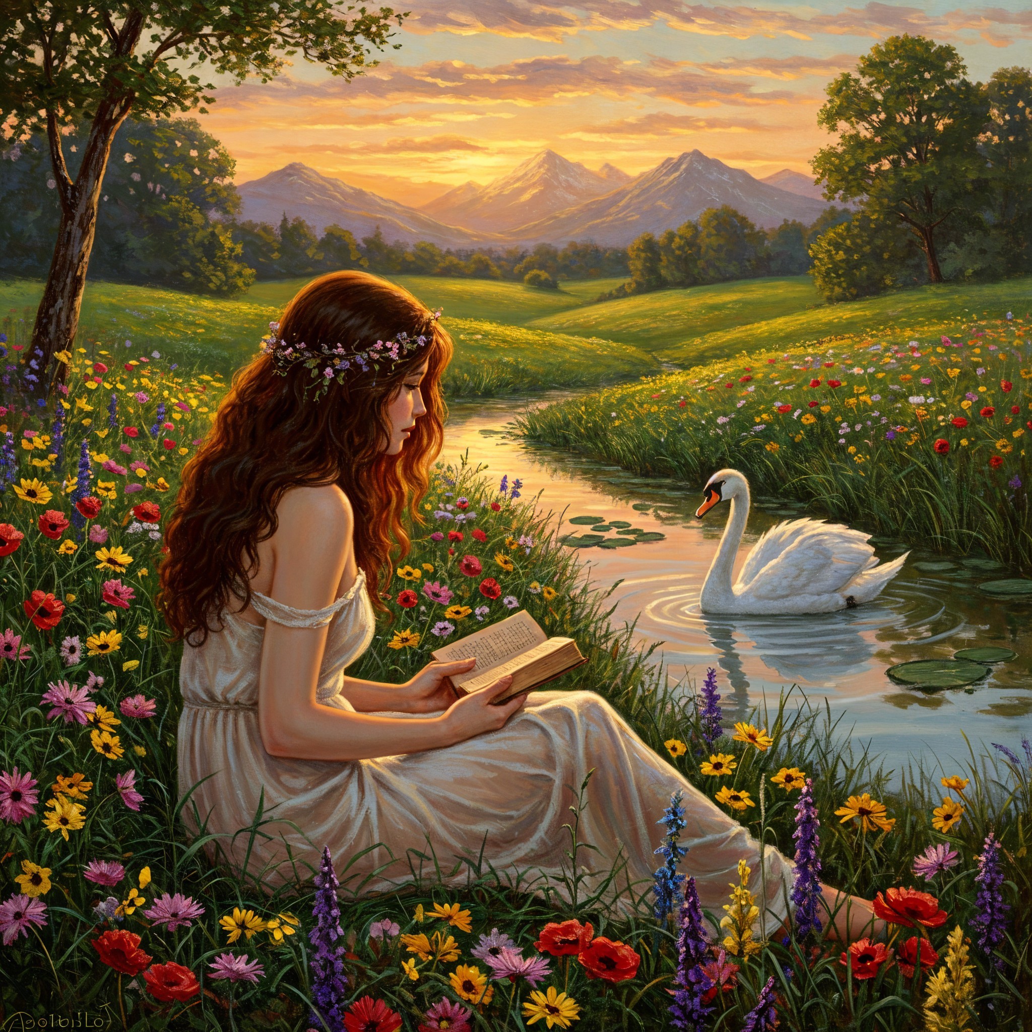 Young Woman Reading by a Stream in a Serene Landscape