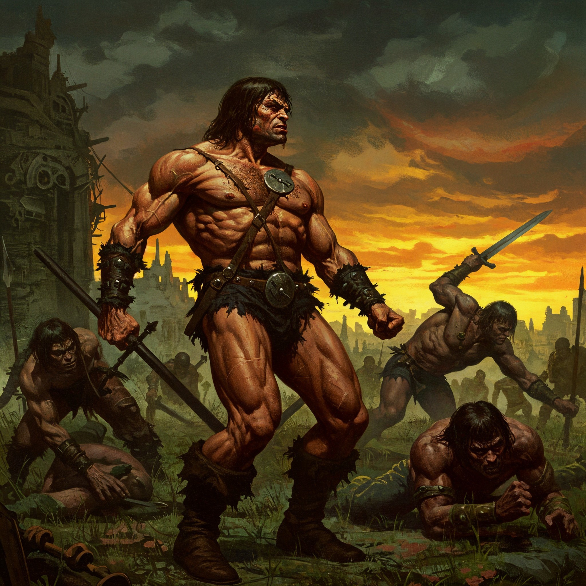 Muscular Warrior in Primitive Attire Amidst Battle Scene