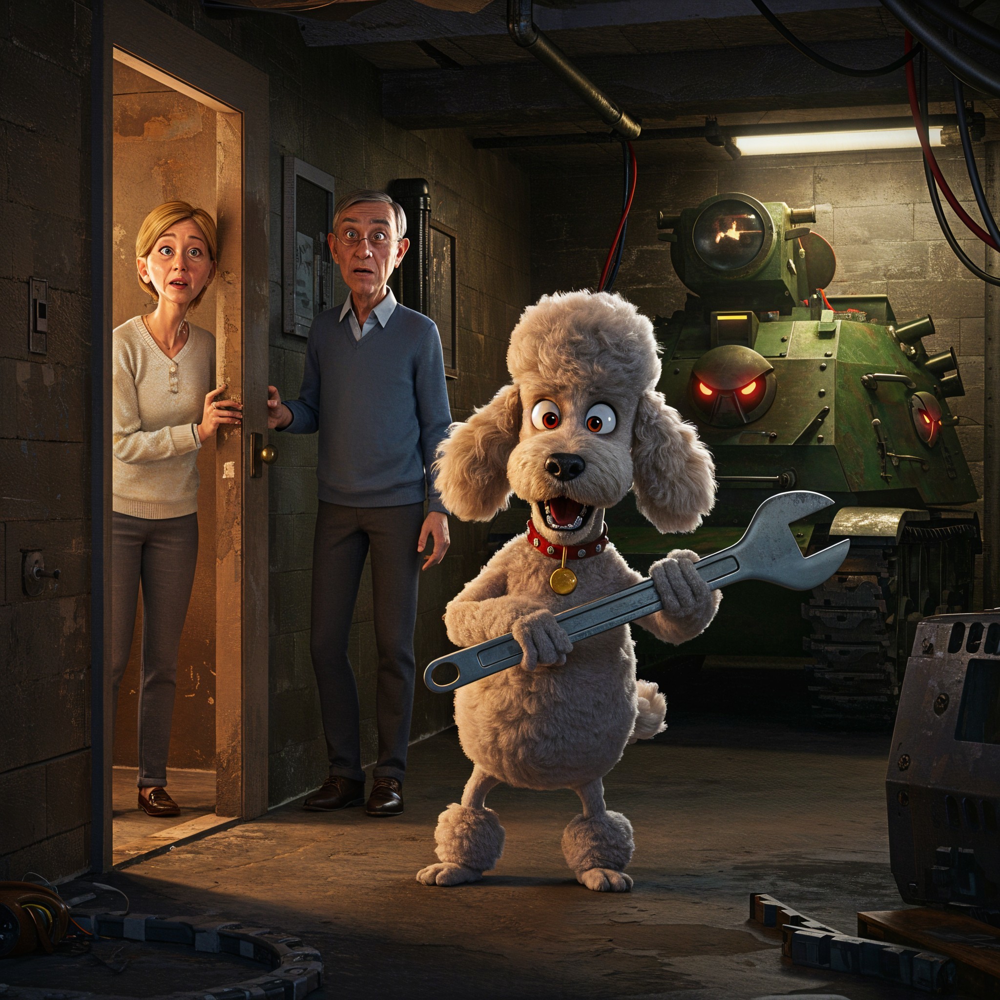 Poodle with Wrench in Dimly Lit Basement Scene