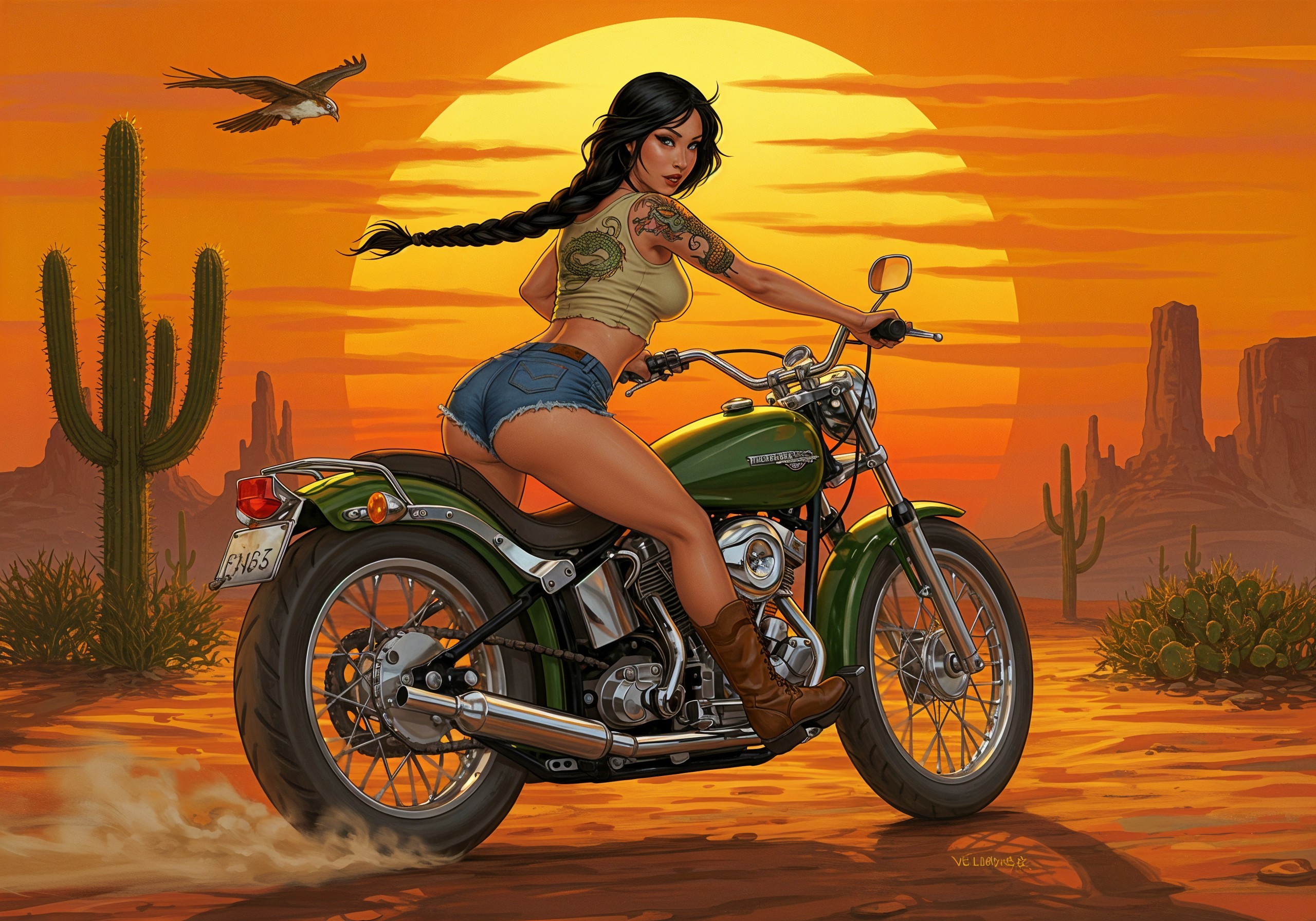 Confident Woman on Vintage Motorcycle at Desert Sunset