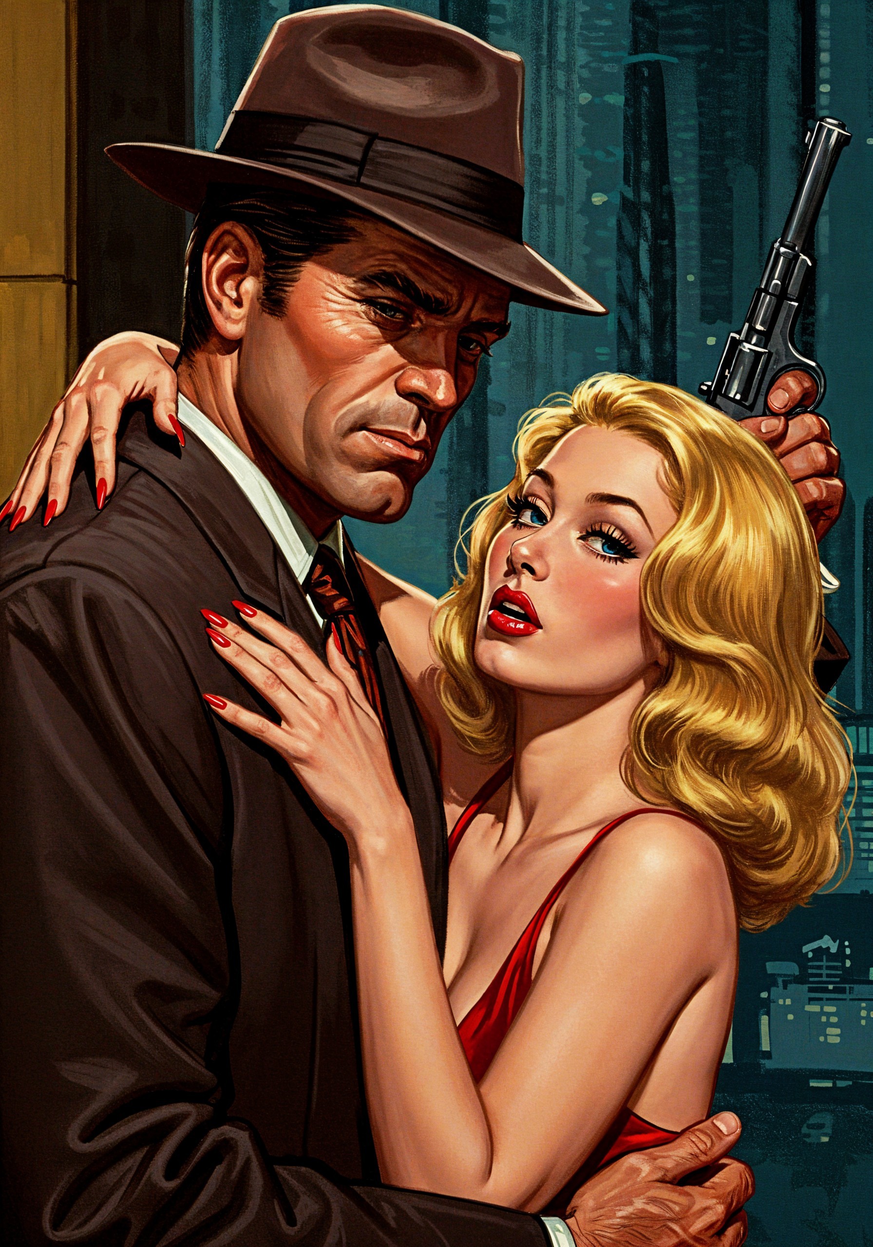 Classic Noir Scene with Man, Woman, and City Skyline