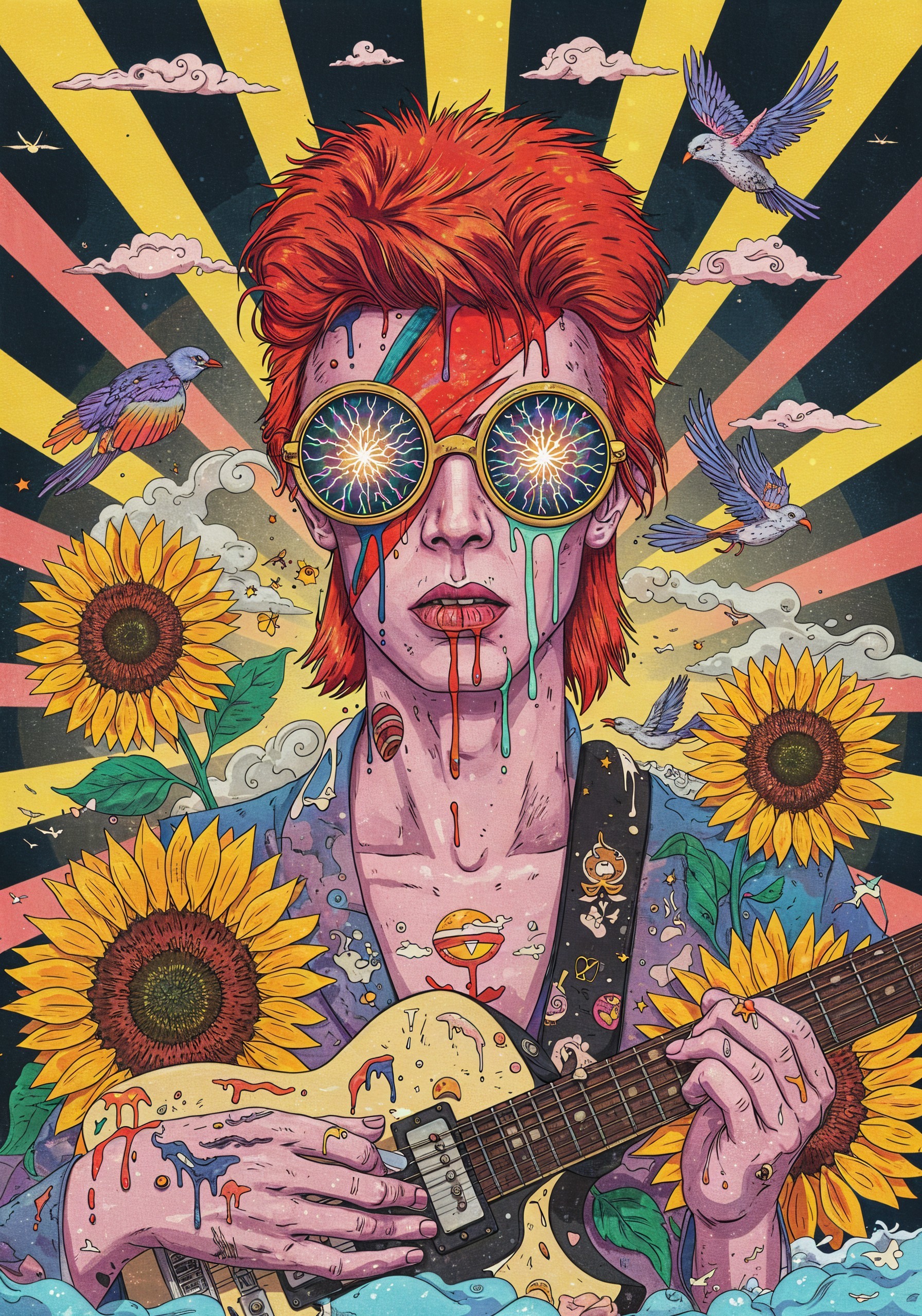 Vibrant Figure with Red Hair and Colorful Surroundings