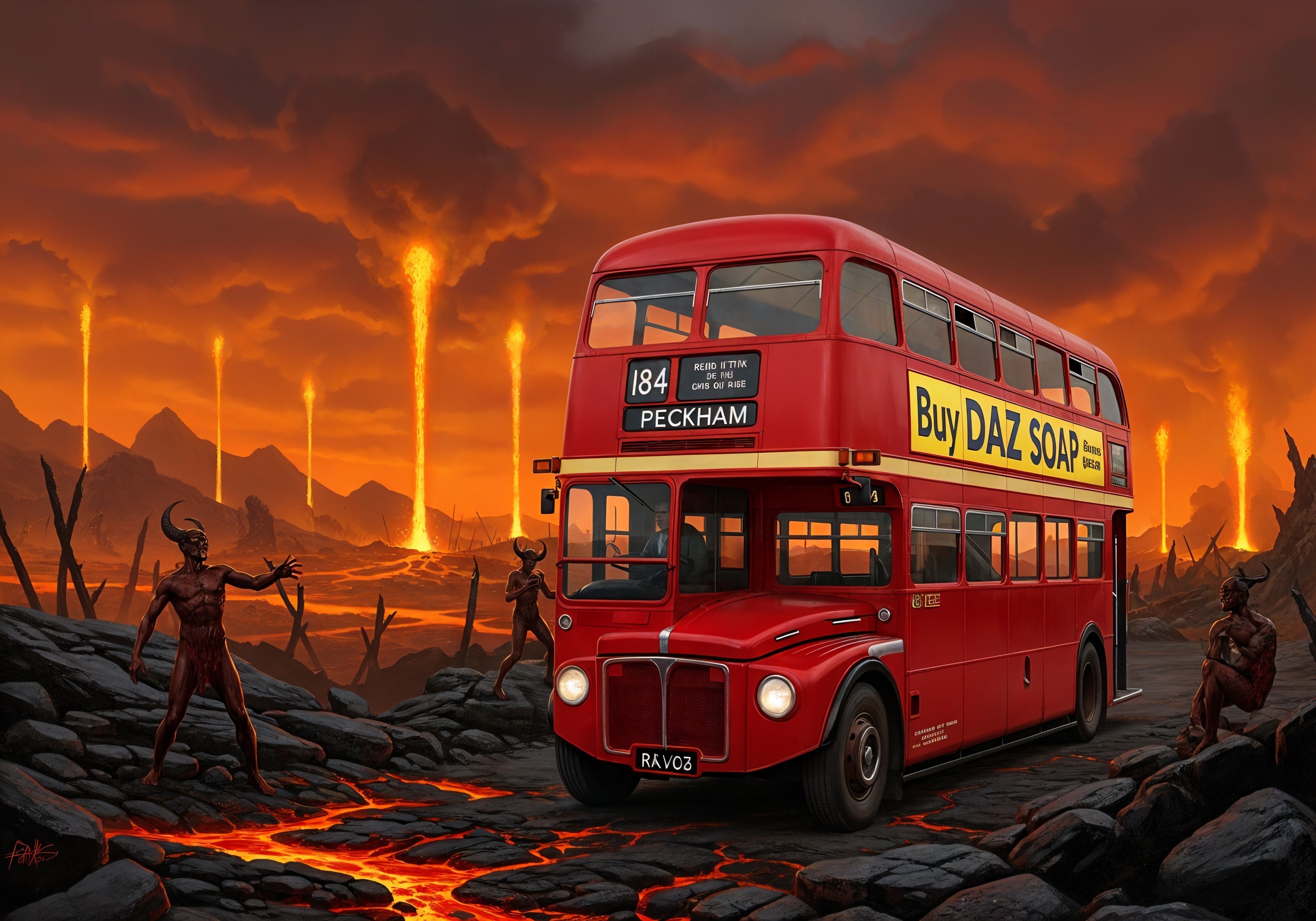 Red Double-Decker Bus in Volcanic Landscape Scene