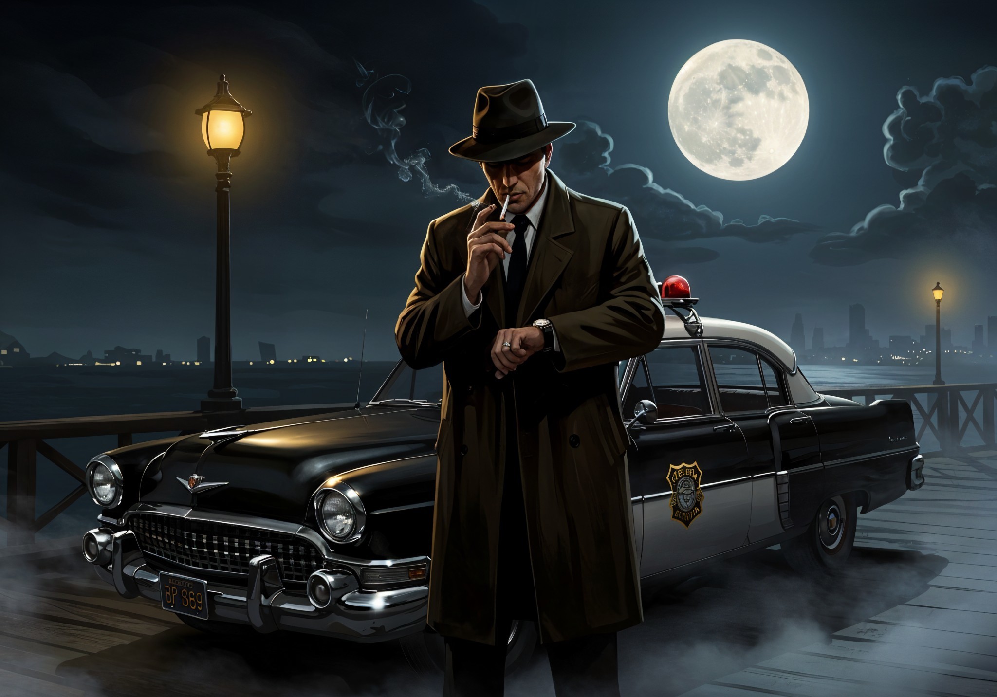 Mysterious Figure by Old Police Car Under Full Moon