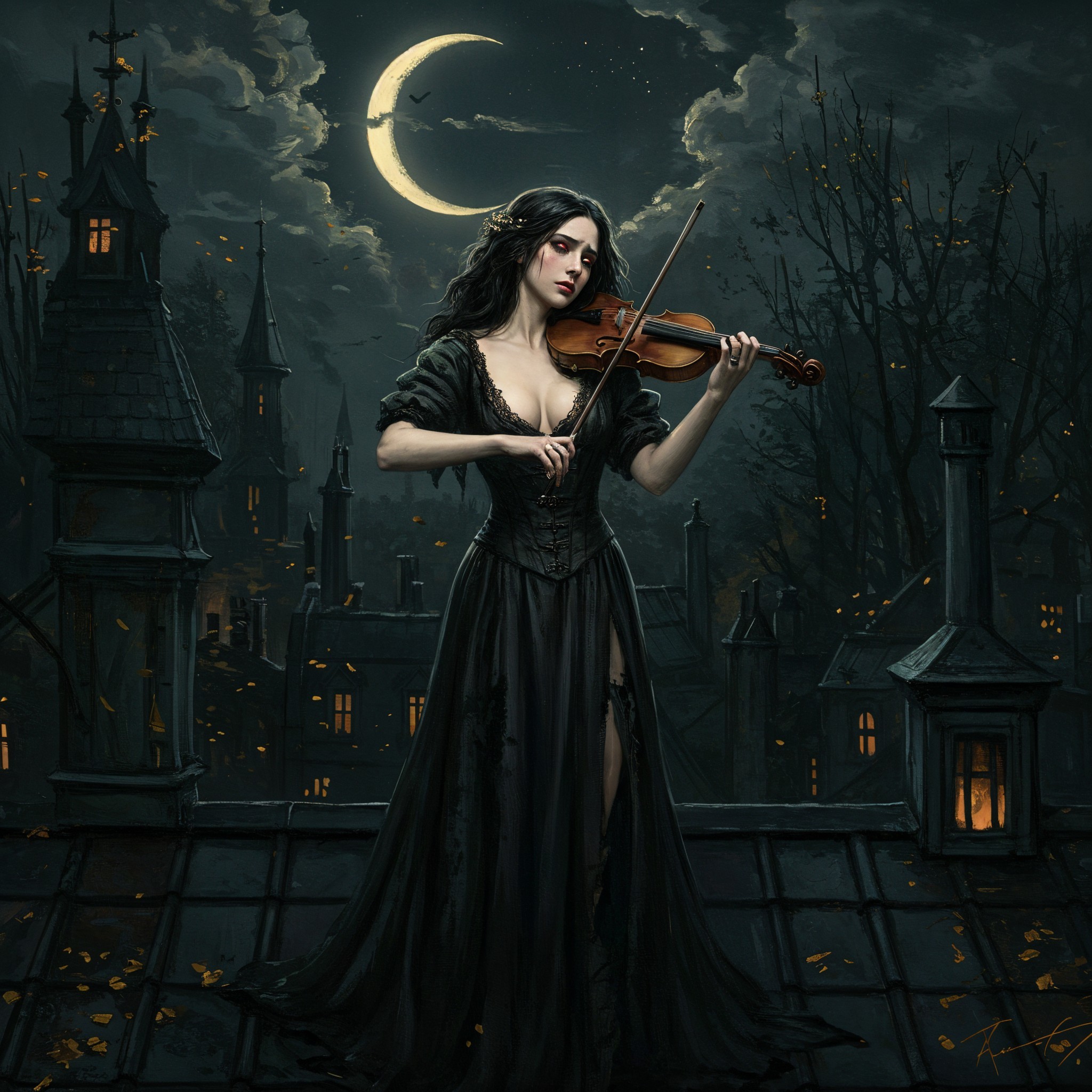 Mysterious Woman in Black Dress Playing Violin at Night