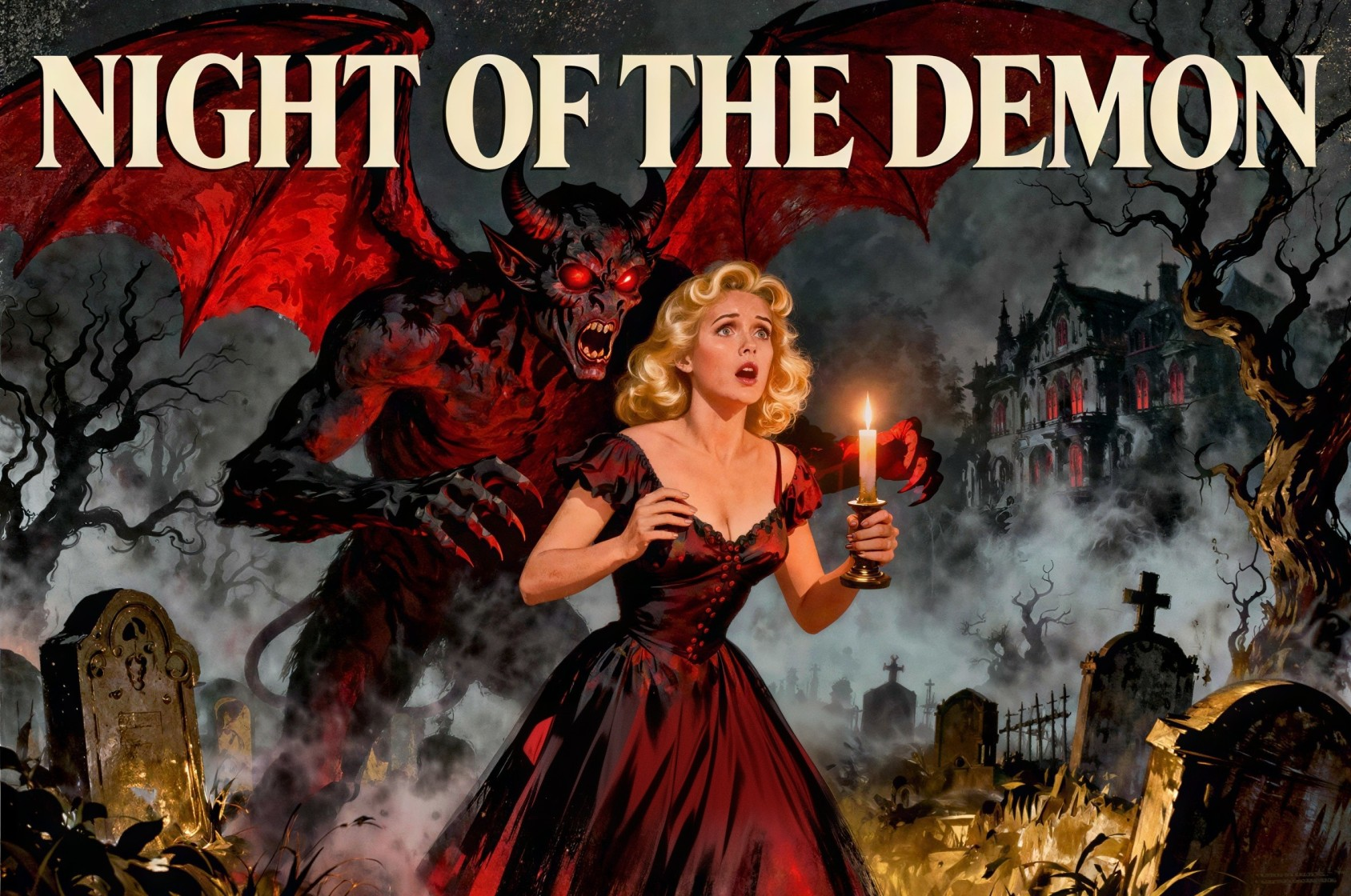 Painting of a Woman Confronting a Demon in Graveyard