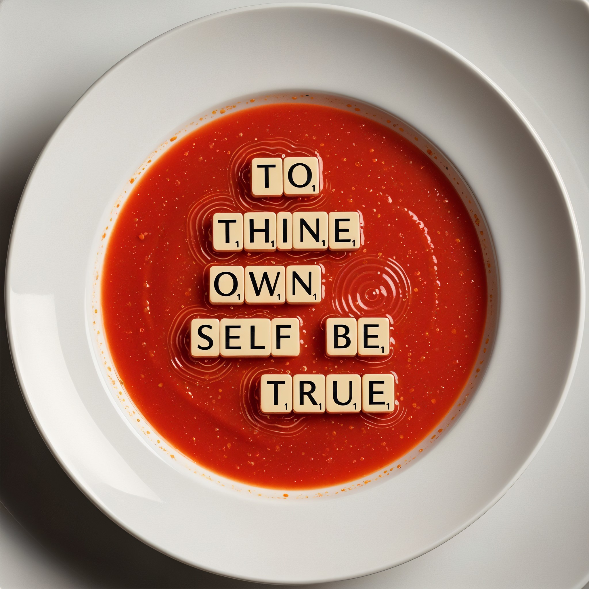 Tomato Soup with Letter Tiles Spelling a Phrase