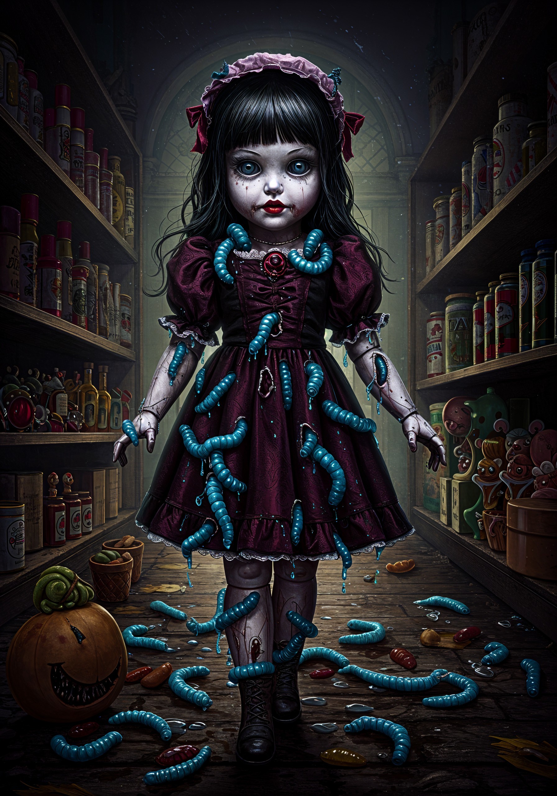 Porcelain Doll in Dark Pantry Surrounded by Shadows