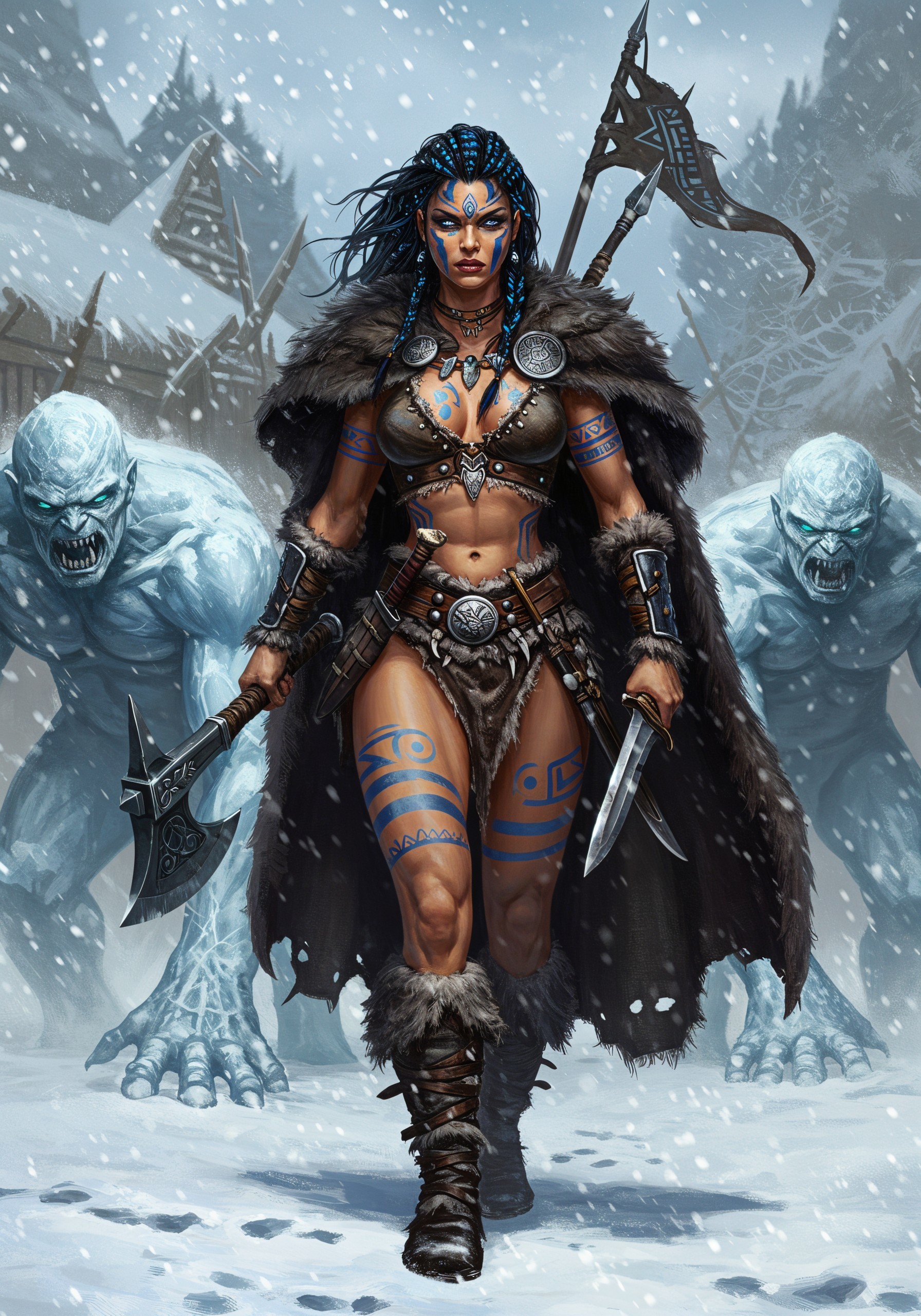 Fierce Warrior in Tribal Armor in Snowy Landscape