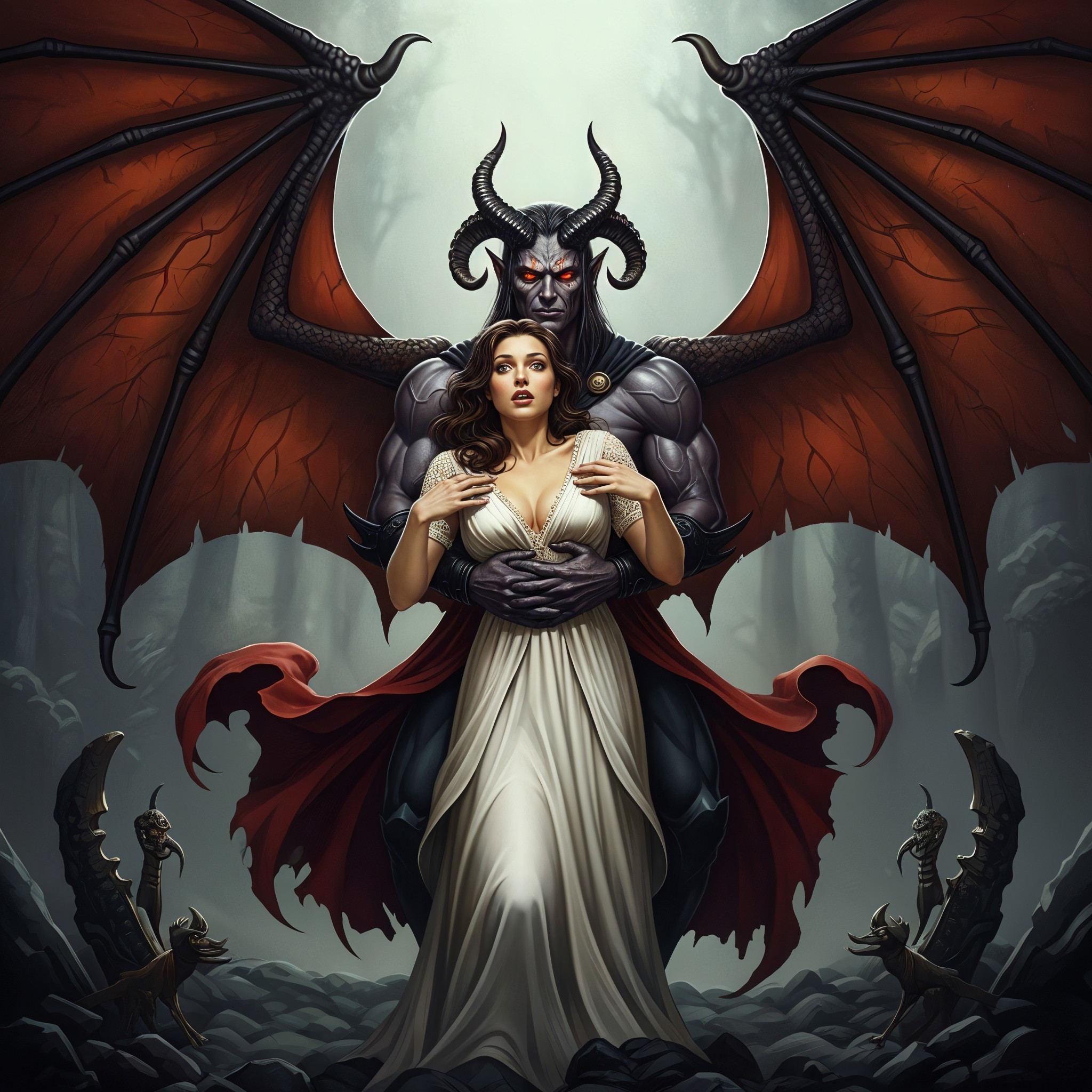 Demon and Woman in Enigmatic Forest Scene