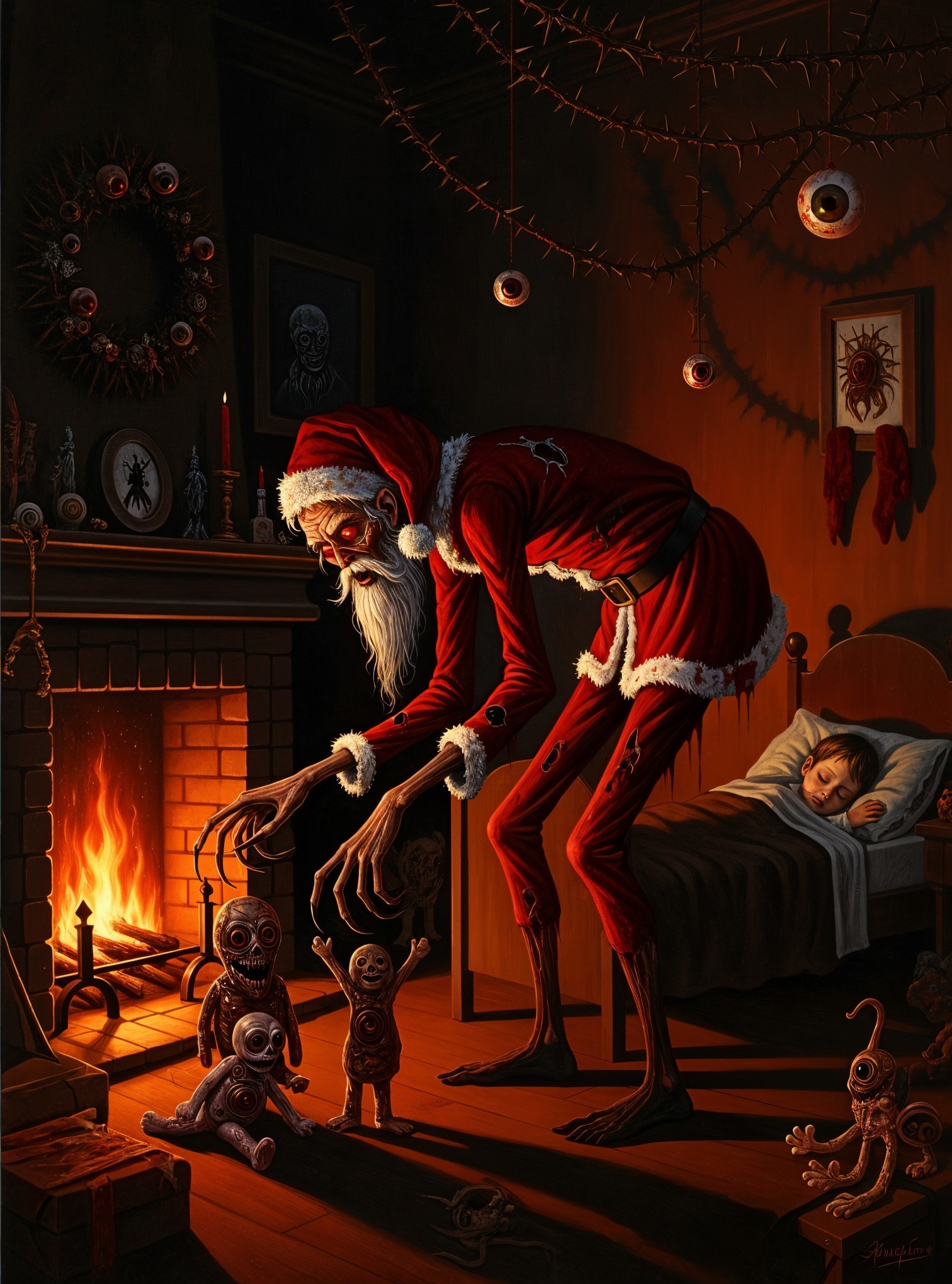 Sinister Santa Claus Figure in Dimly Lit Room