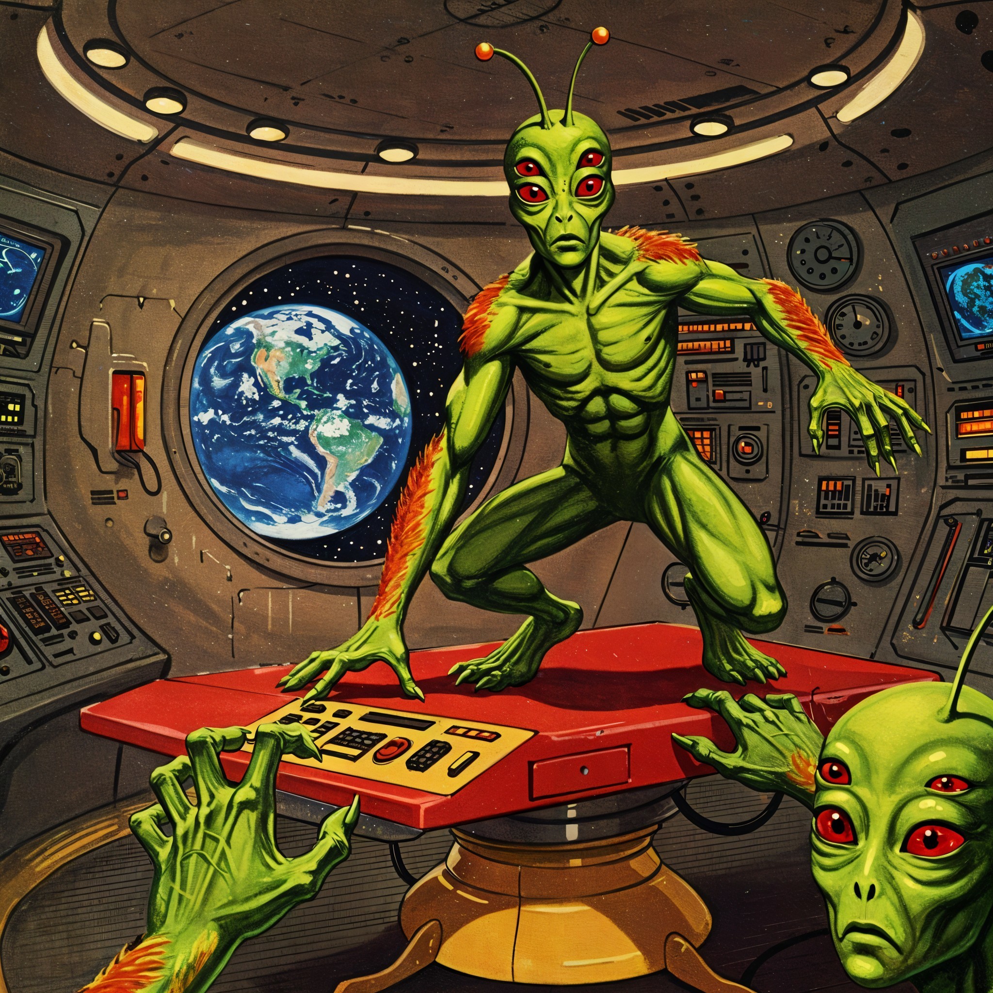 Alien Creature in Spaceship with Earth View