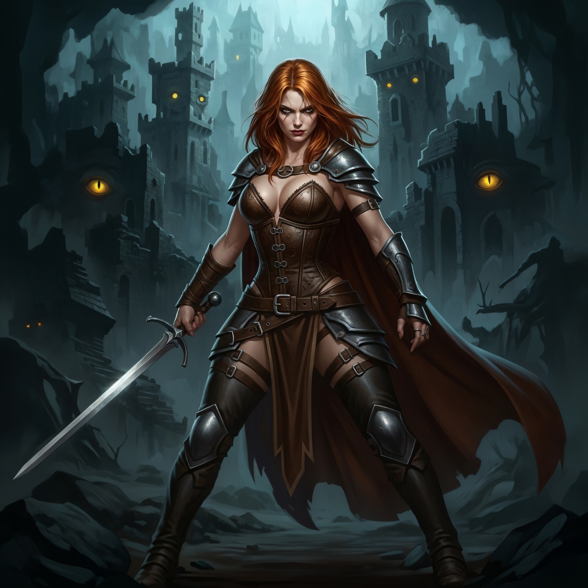 Fierce Warrior in Dark Landscape with Glowing Eyes