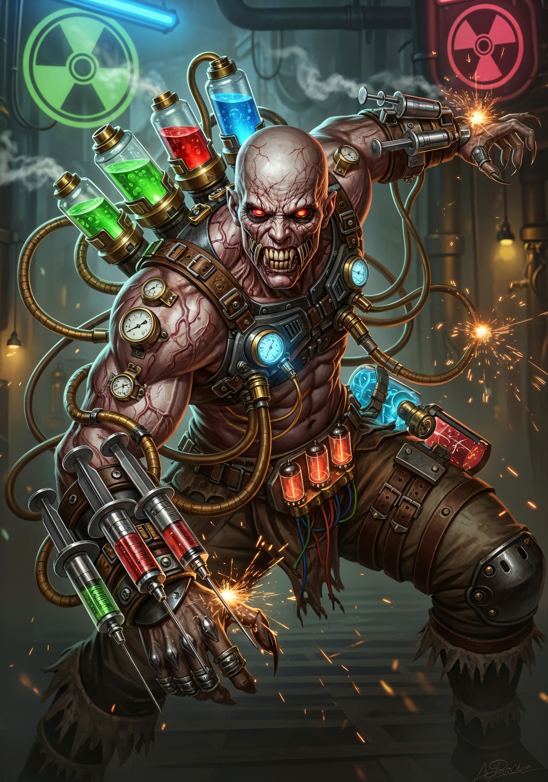 Muscular Creature with Skull Face in Industrial Setting