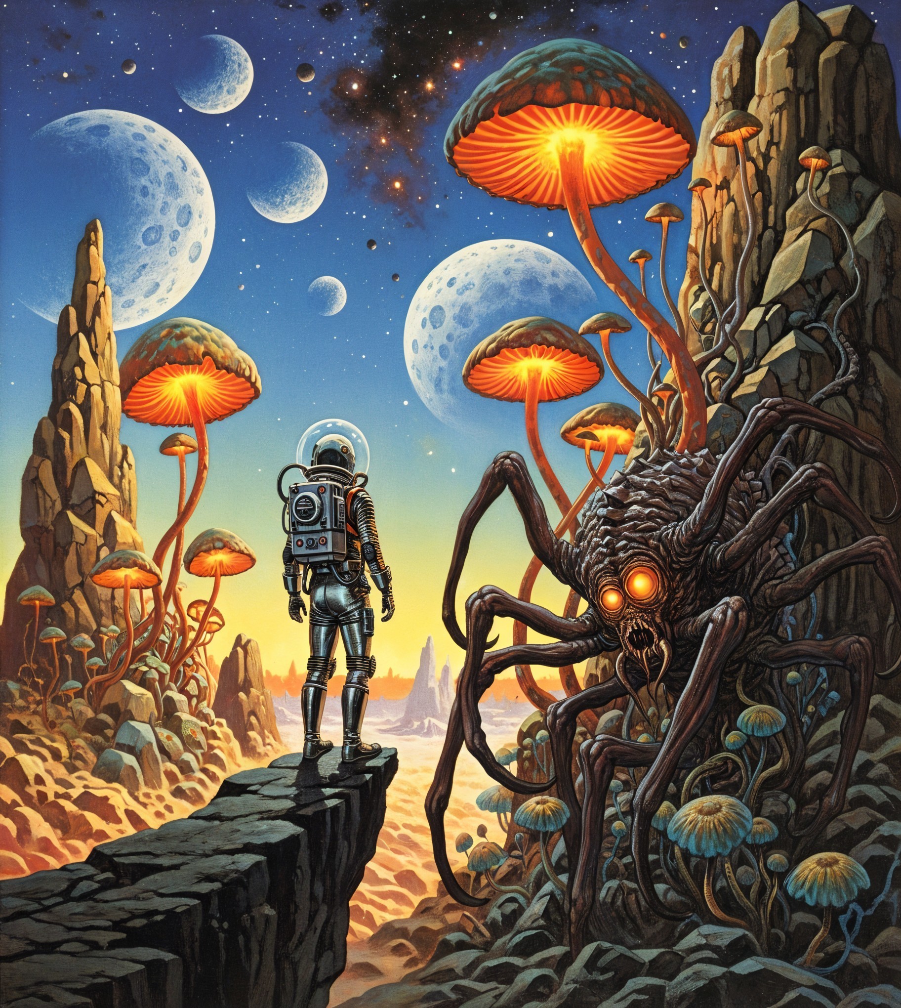 Astronaut Observes Alien Landscape with Glowing Fungi