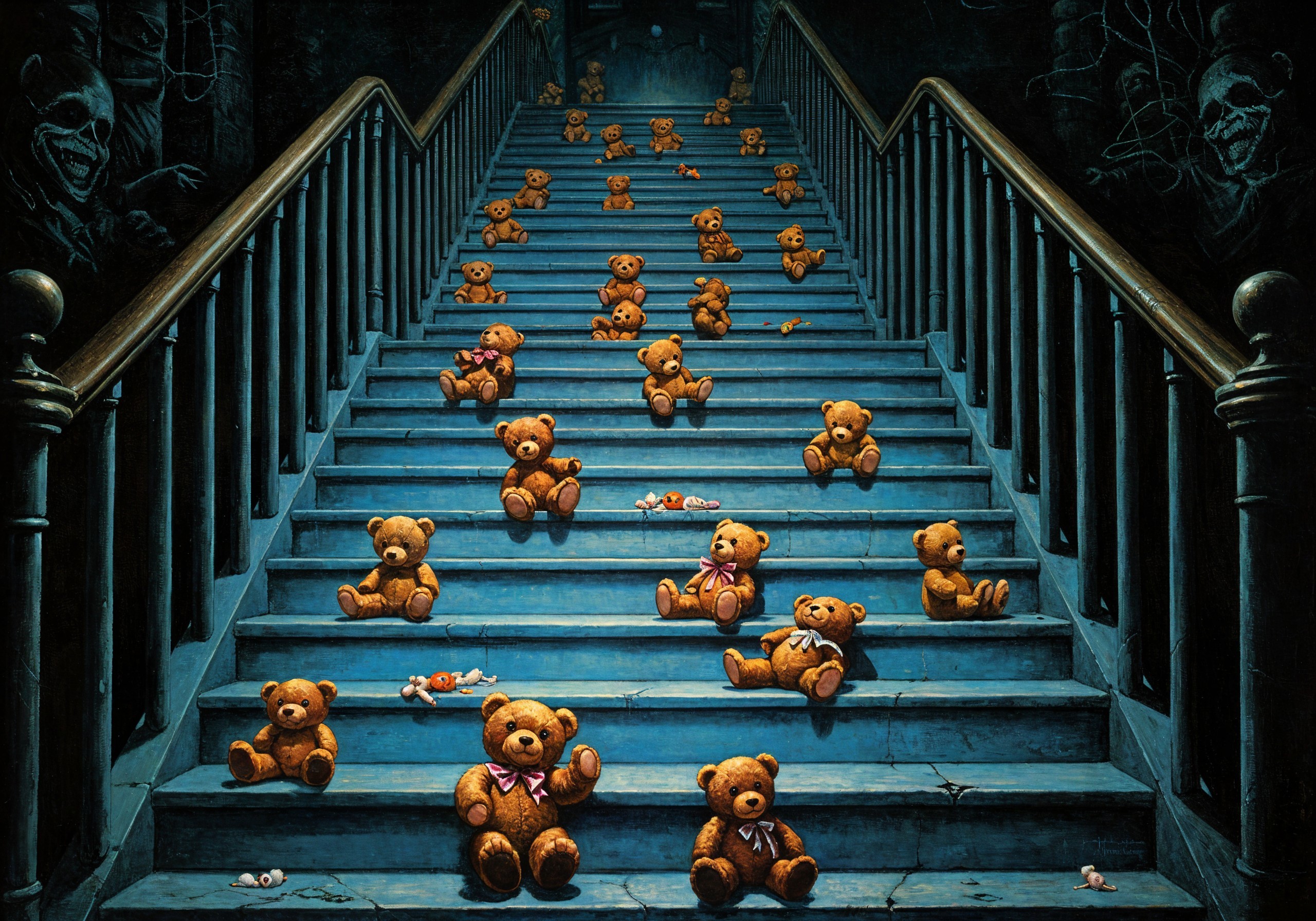 Eerie Staircase with Teddy Bears and Shadowy Figures