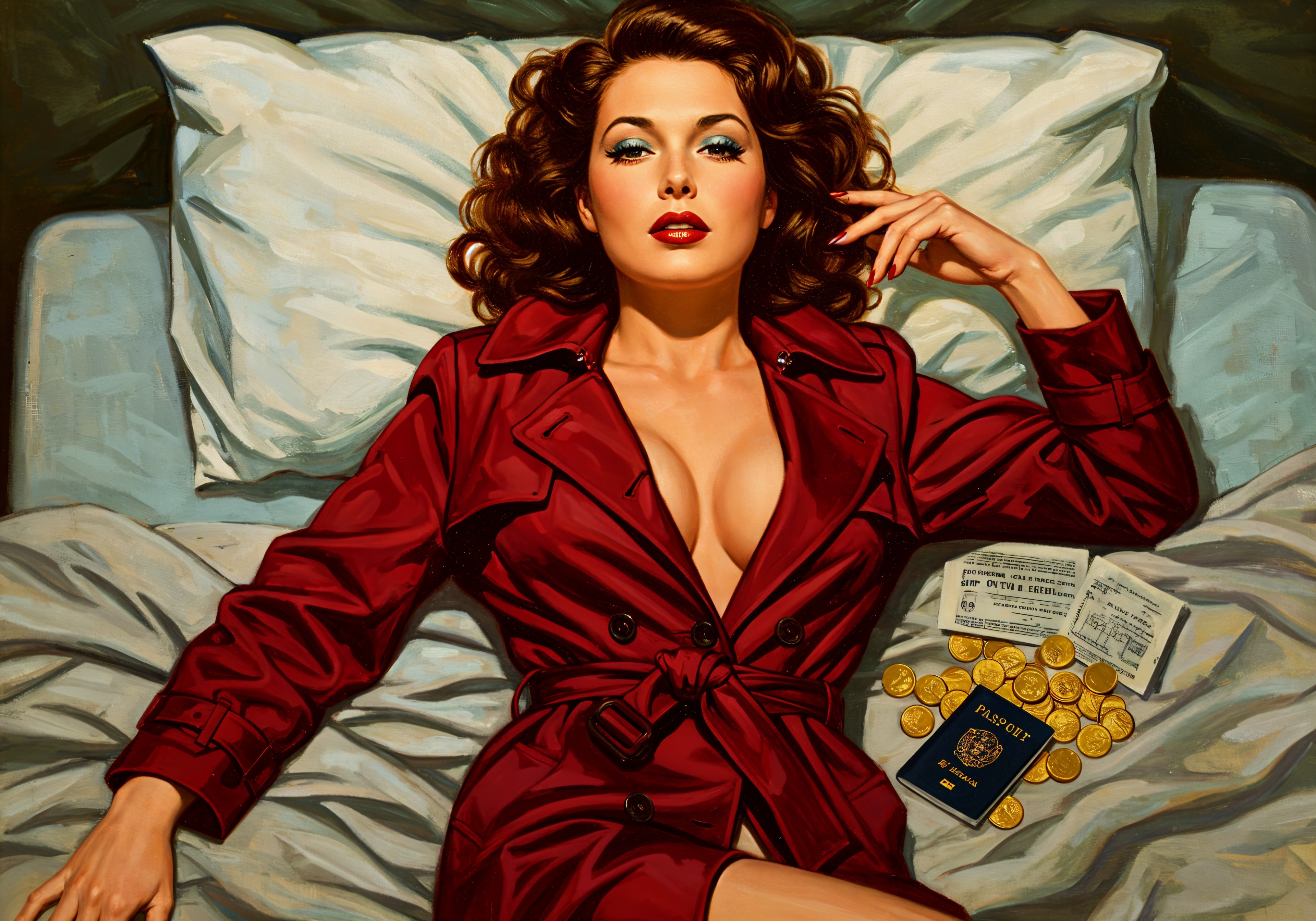Glamorous Woman in Red Trench Coat with Gold Coins