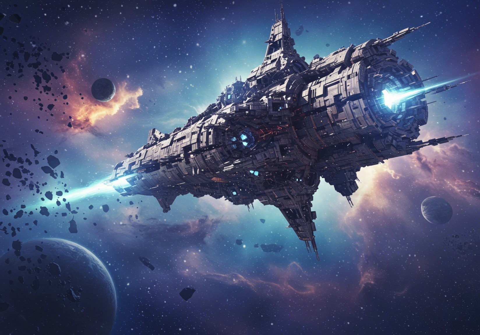 Intricately Designed Spaceship in Cosmic Scene