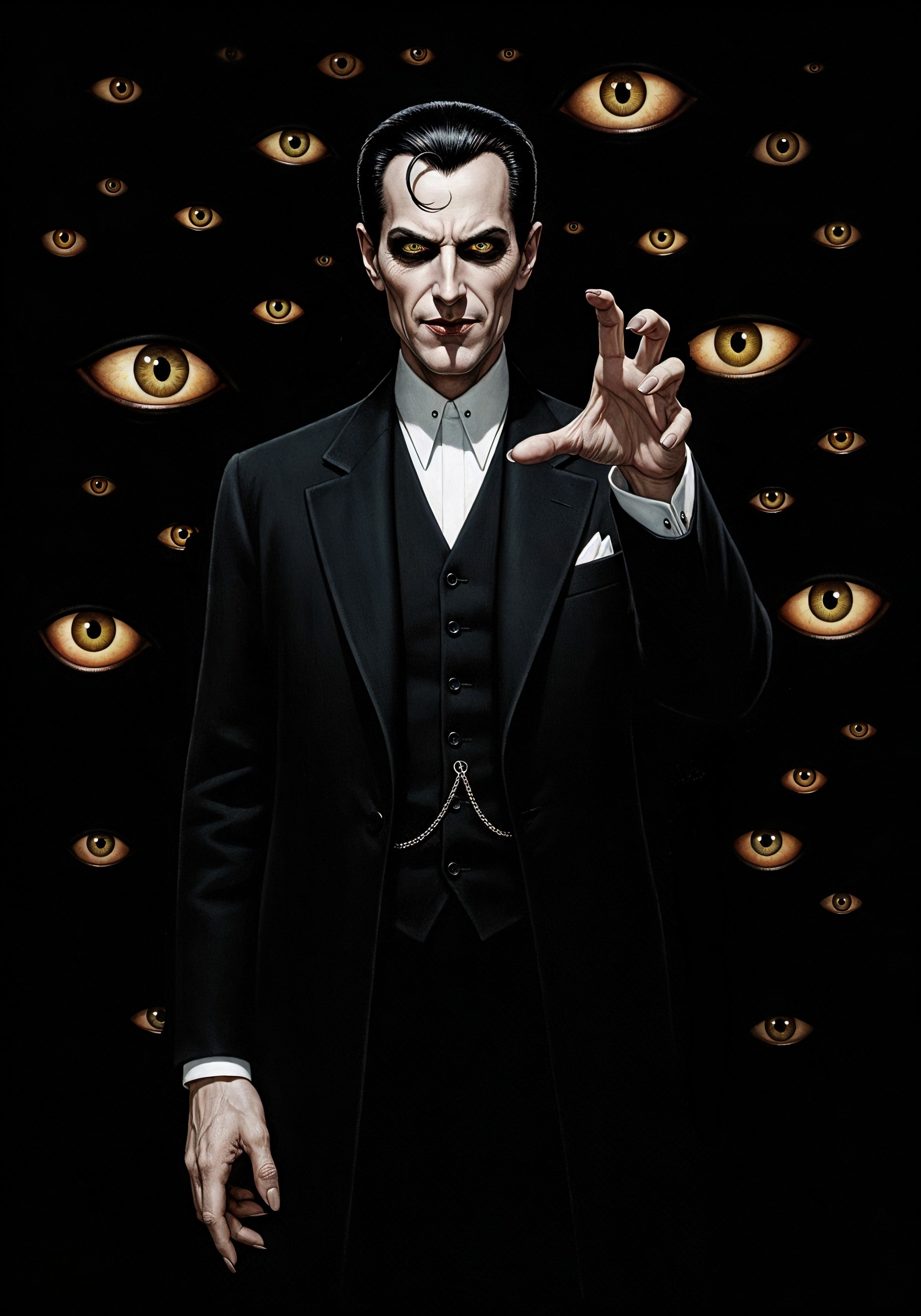 Suave Figure in Dark Attire Against Ominous Eyes