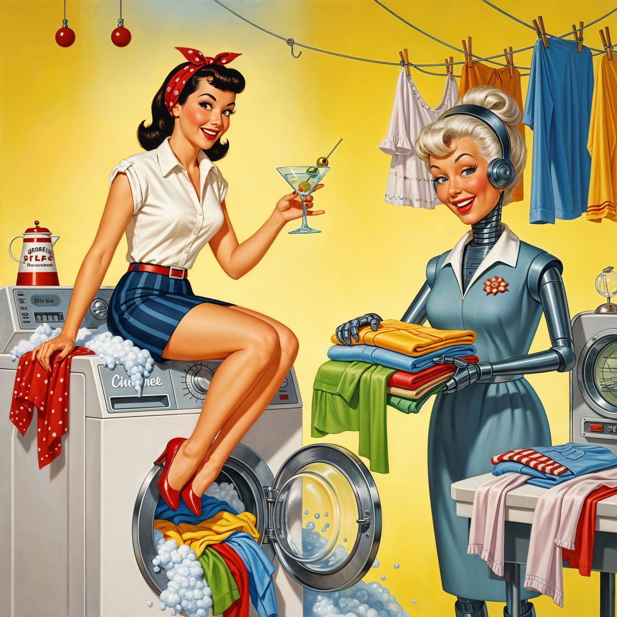Retro-Inspired Laundry Room with Robot and Bubbles
