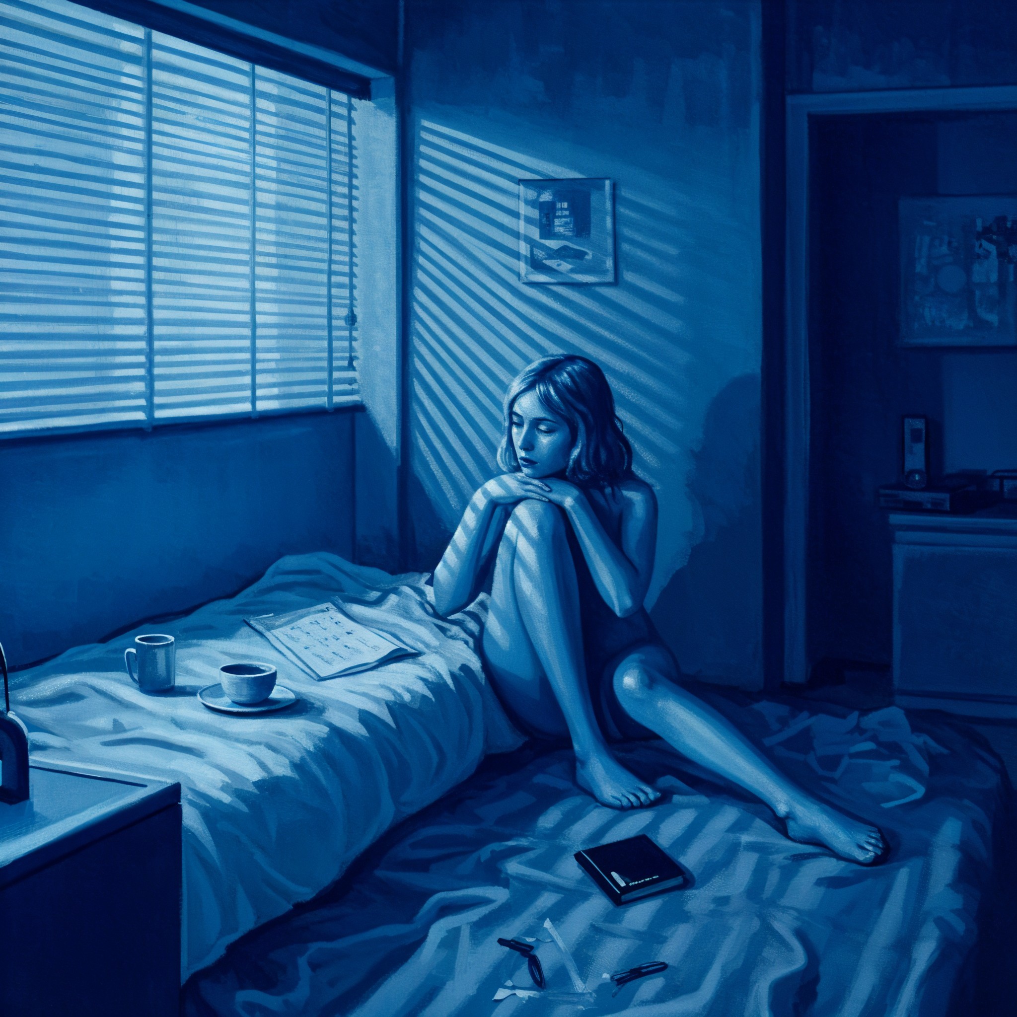 Young Woman in Softly Lit Room with Papers and Coffee