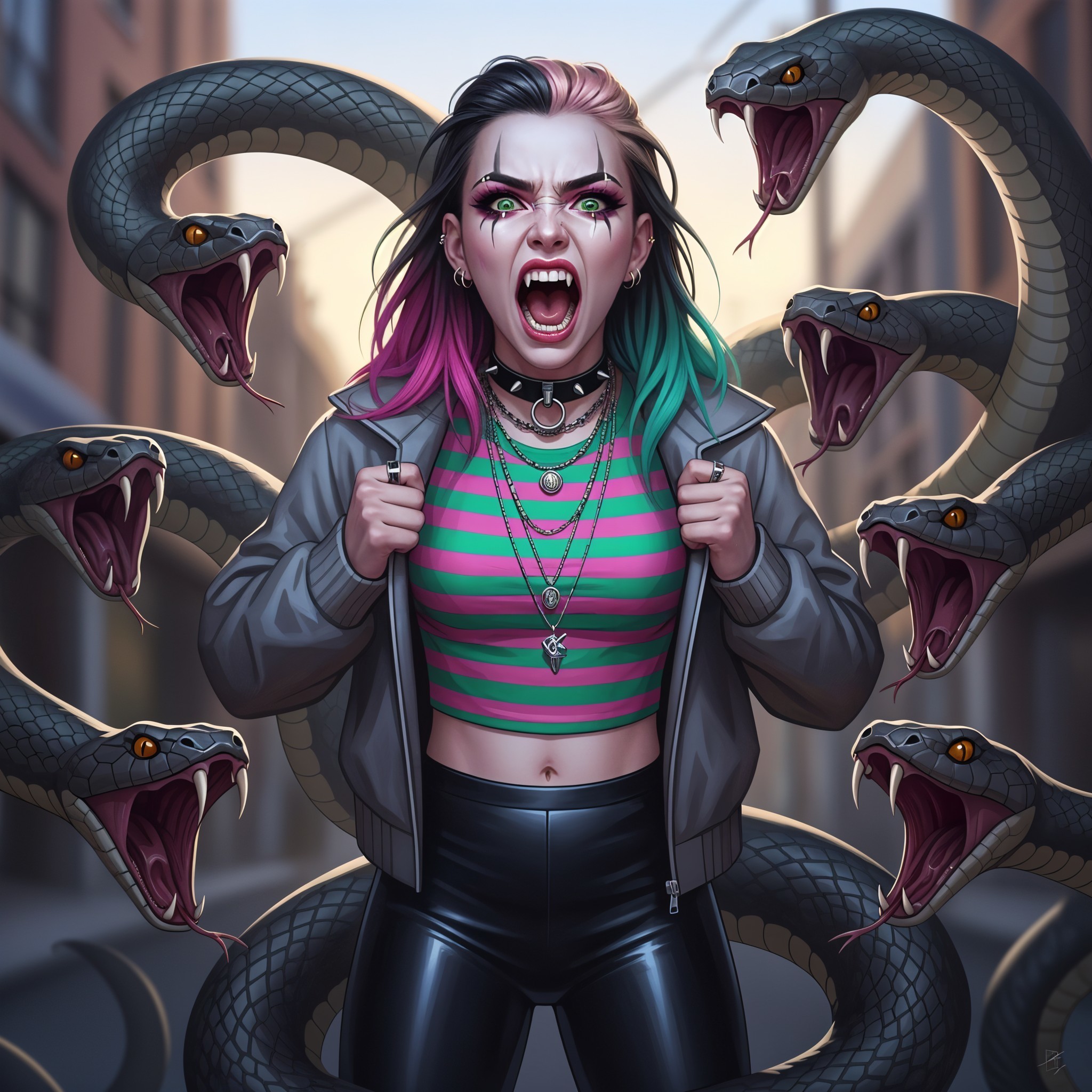 Defiant Young Woman Surrounded by Menacing Snakes