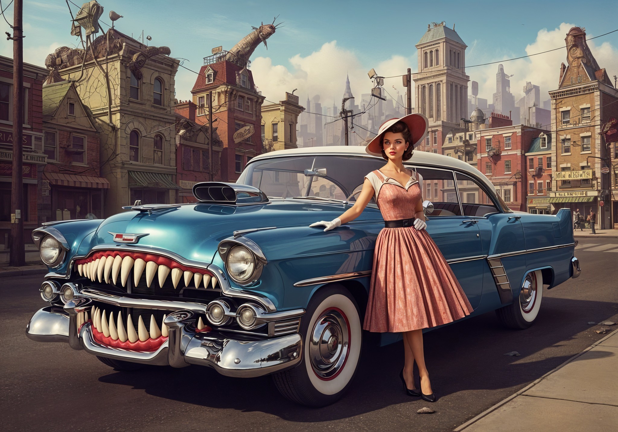 Vintage Car with Stylish Woman in City Setting