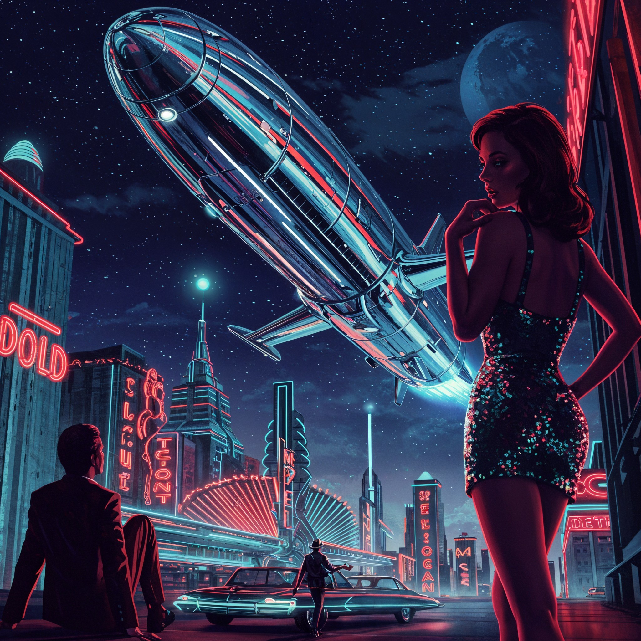 Futuristic cityscape with neon lights and retro ads