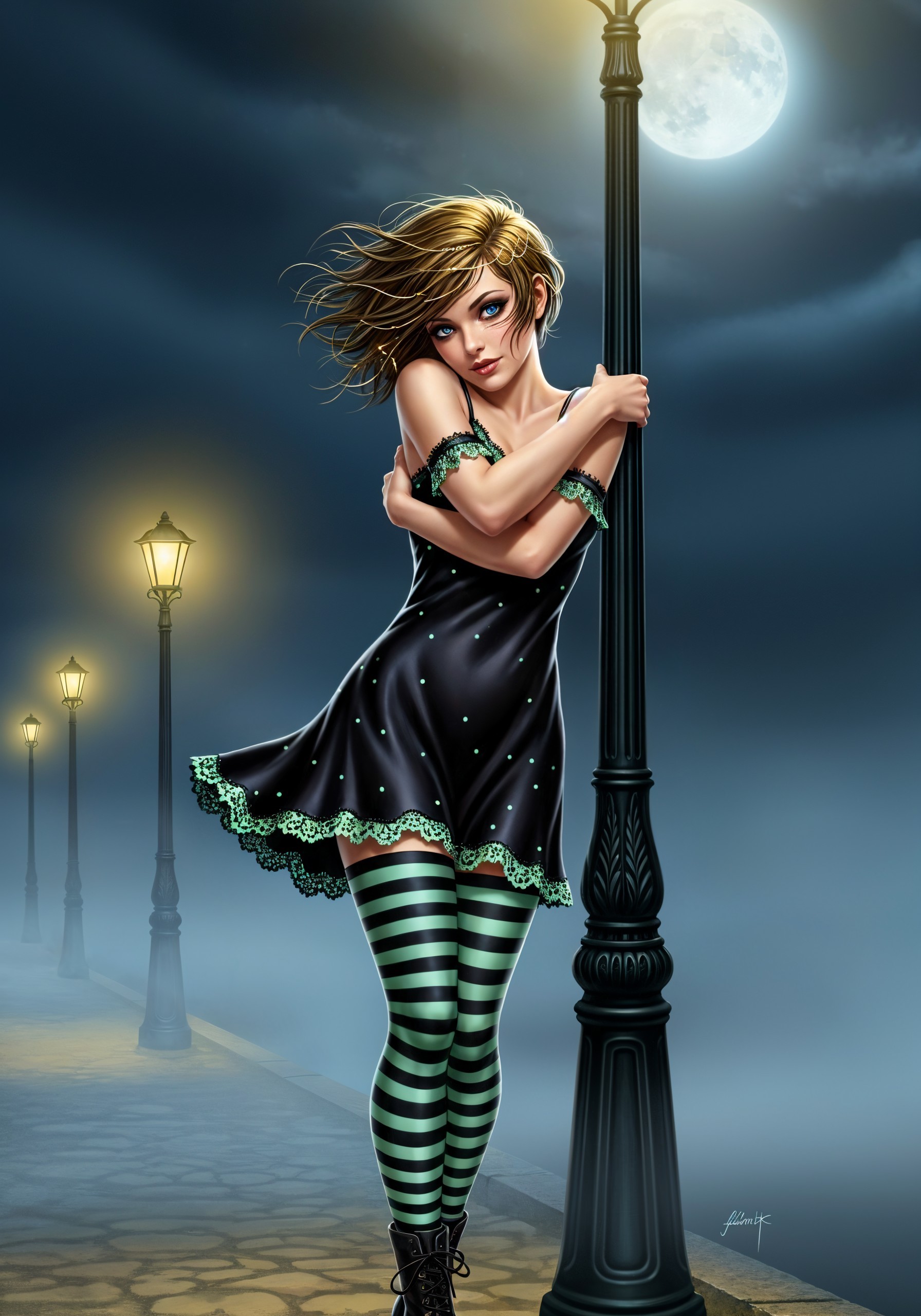 Young Woman in Black Dress by Foggy Streetlamp
