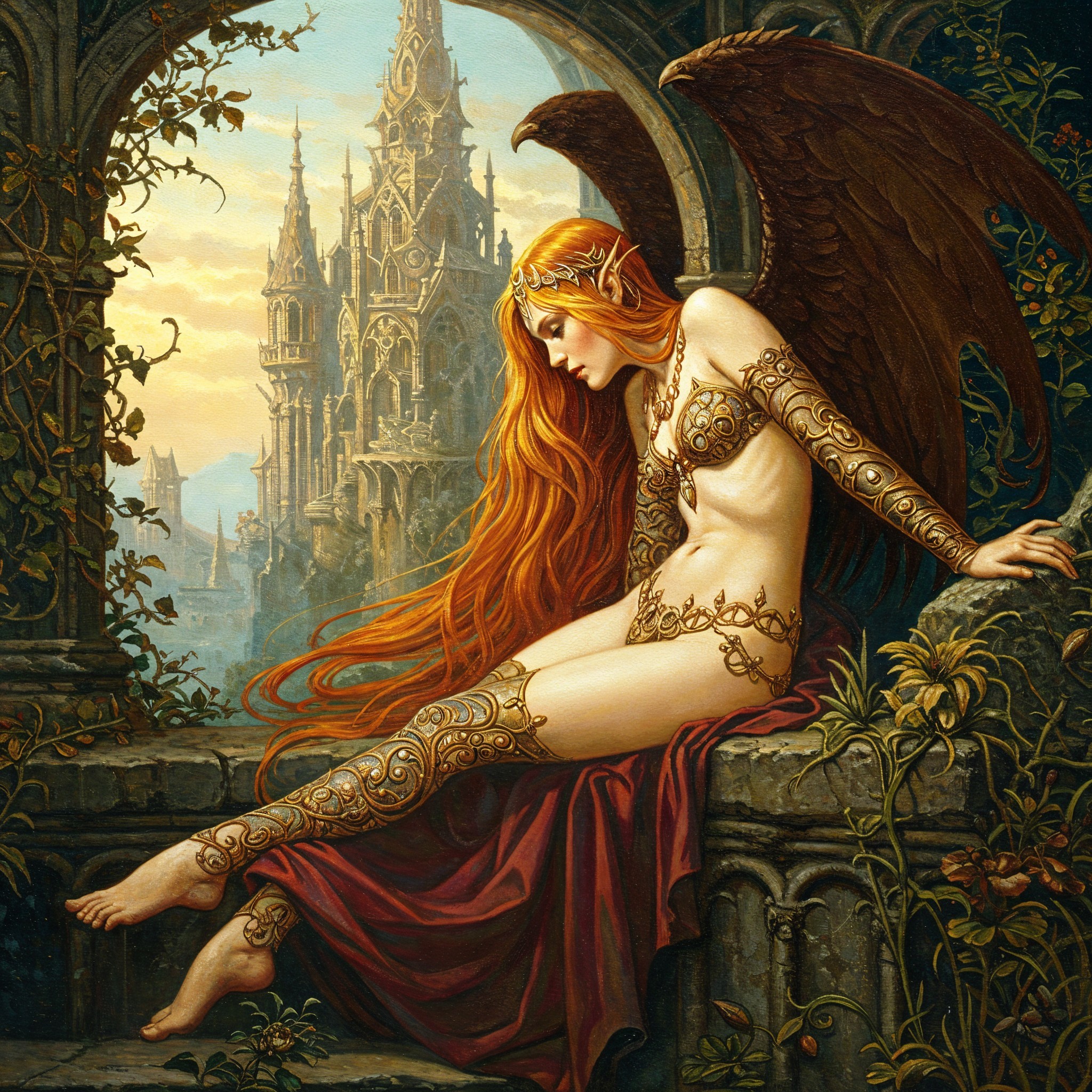 Mystical figure with red hair and elegant wings