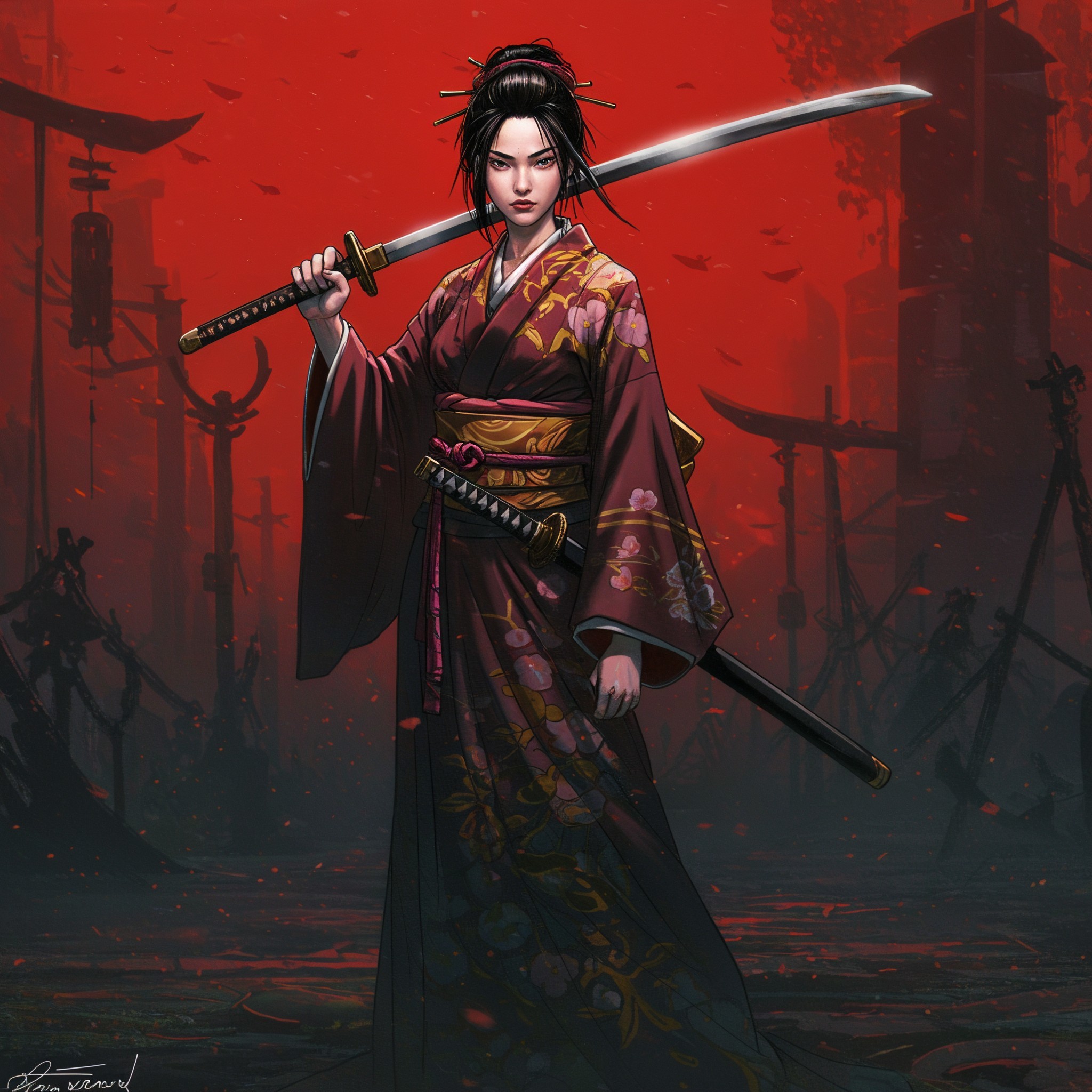 Warrior in Kimono with Katana Against Red Backdrop