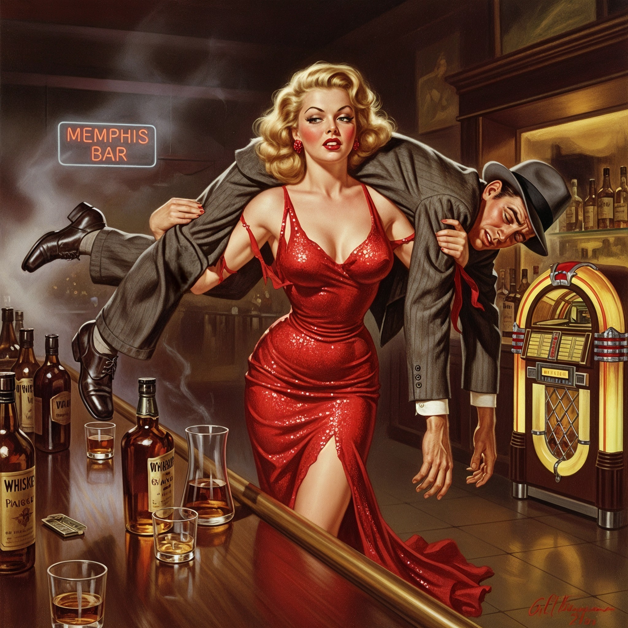Glamorous Woman in Red Dress at Retro Bar Scene