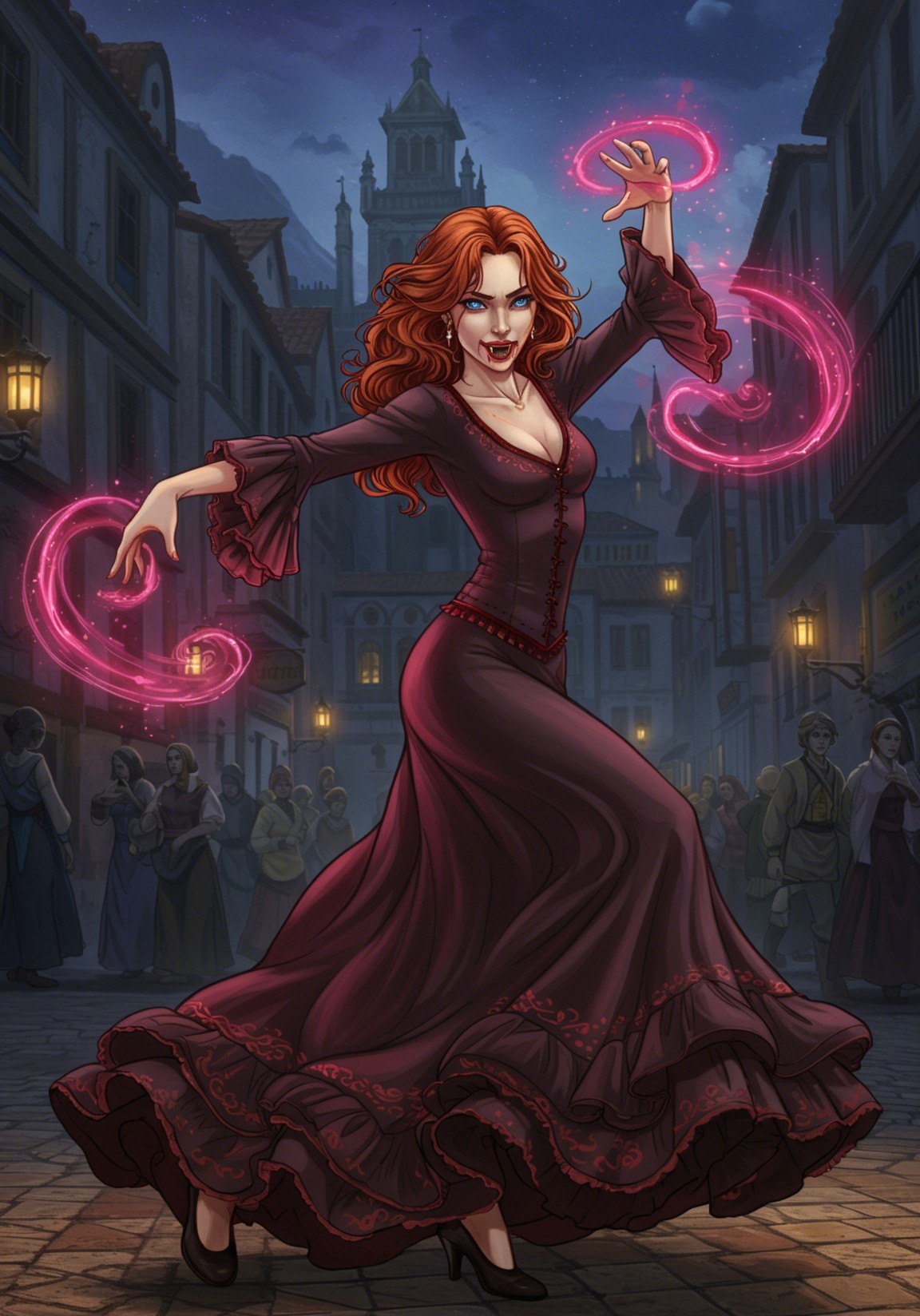 Mystical Woman Casting Spells on Cobblestone Street