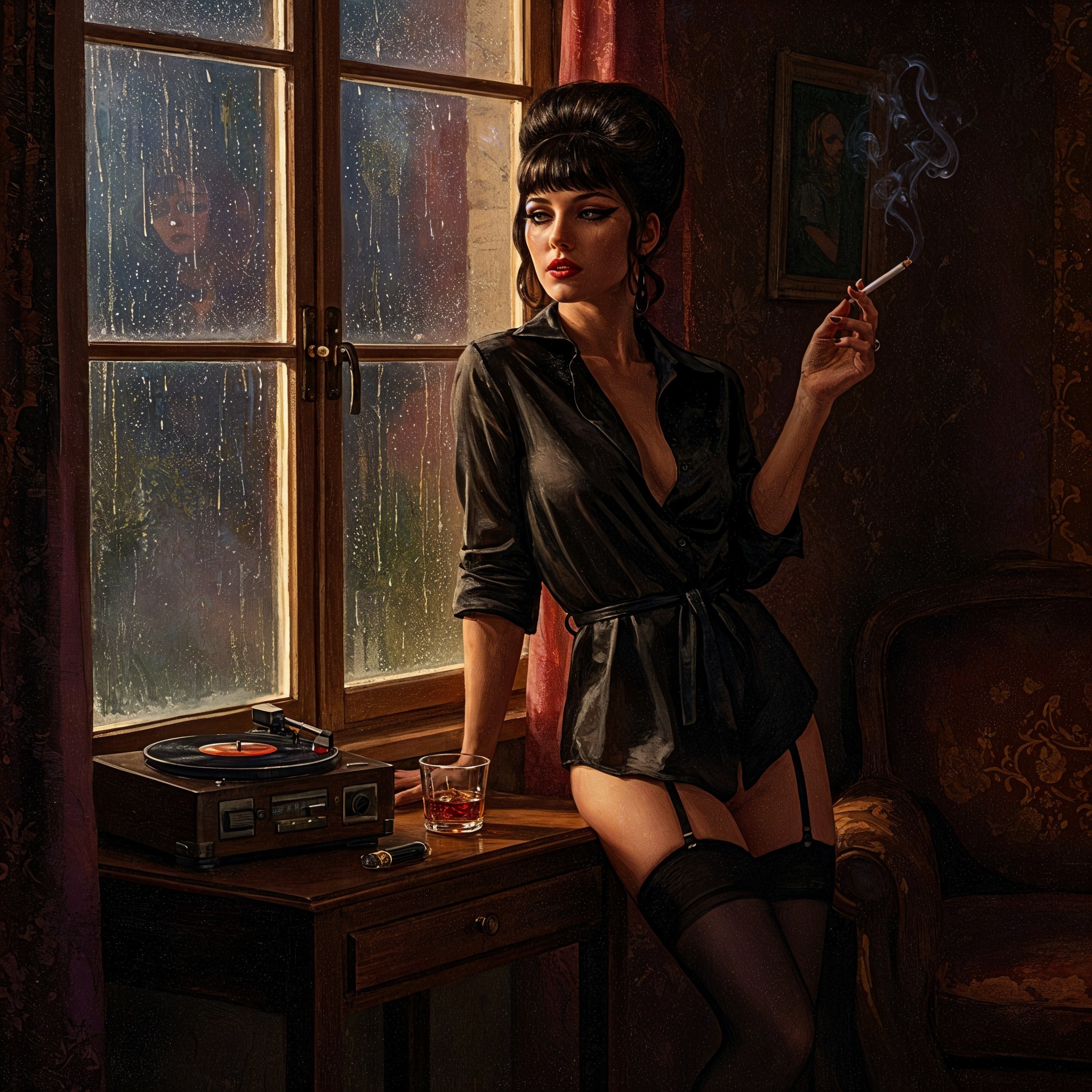 Glamorous Woman in Silk Shirt by Rainy Window