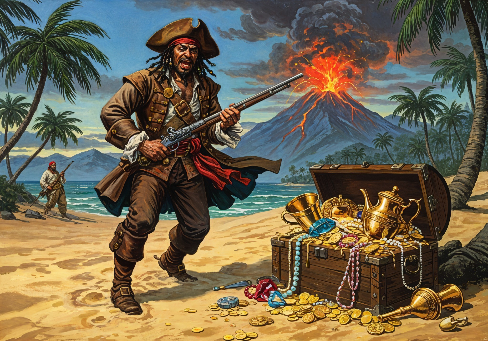 Pirate with Musket on Tropical Beach and Treasure Chest