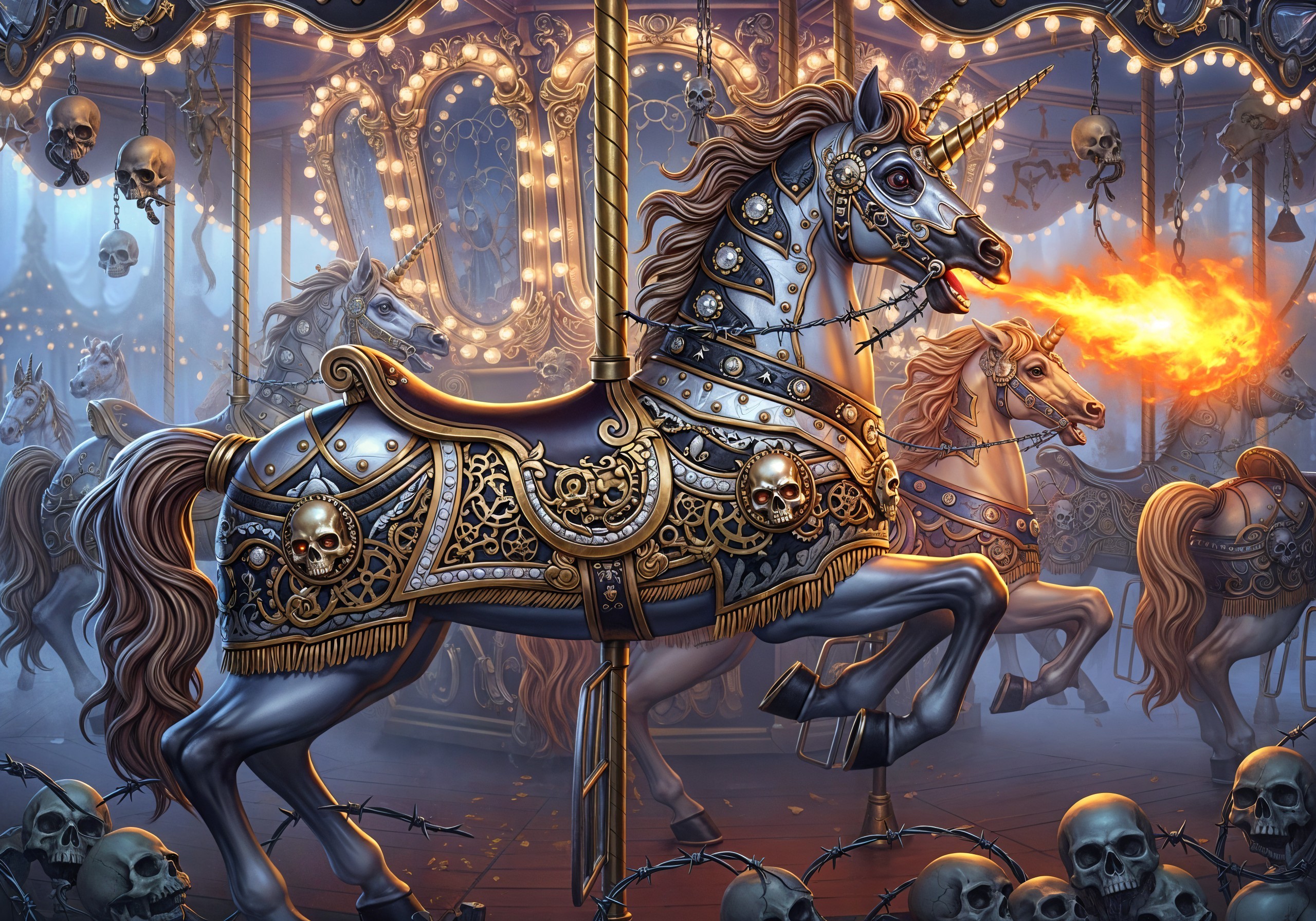 Fantastical Carousel with Unicorns and Dark Decor