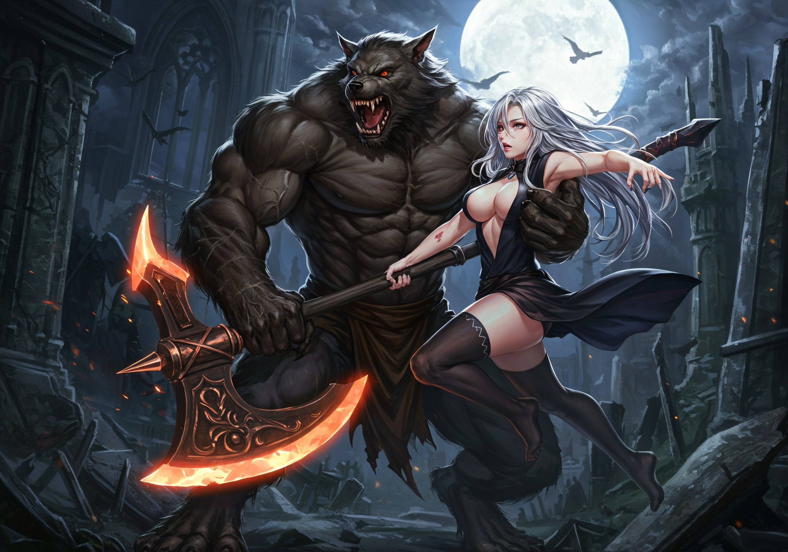 Werewolf and Warrior Woman in Moonlit Ruins