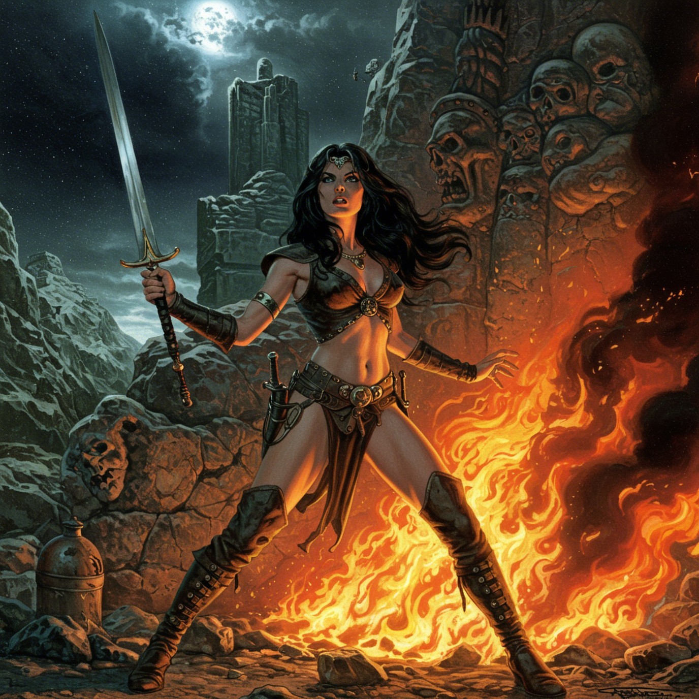 Fierce Warrior in Fiery Fantasy Battle Scene