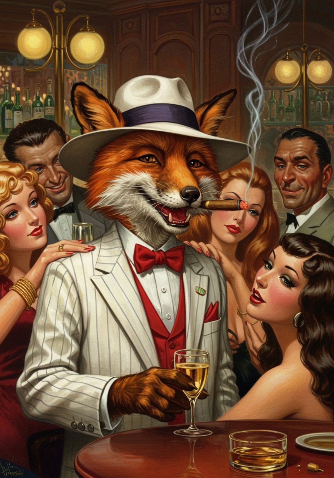 Vintage Bar Scene with Dapper Fox and Glamorous Women