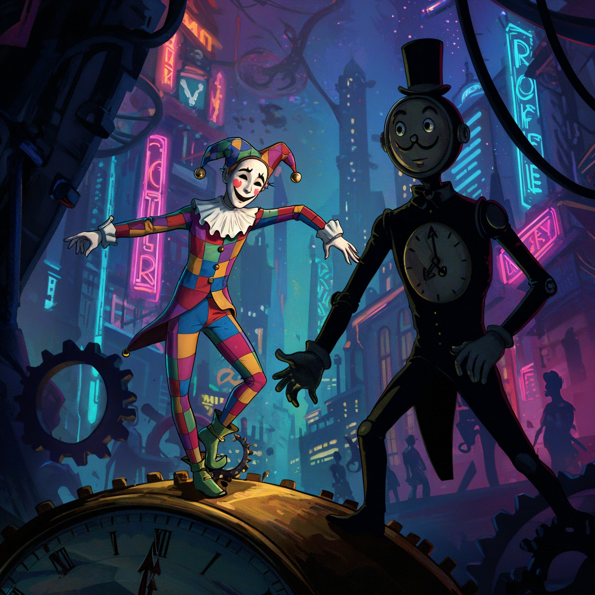 Neon Cityscape with Jester and Clock Figure